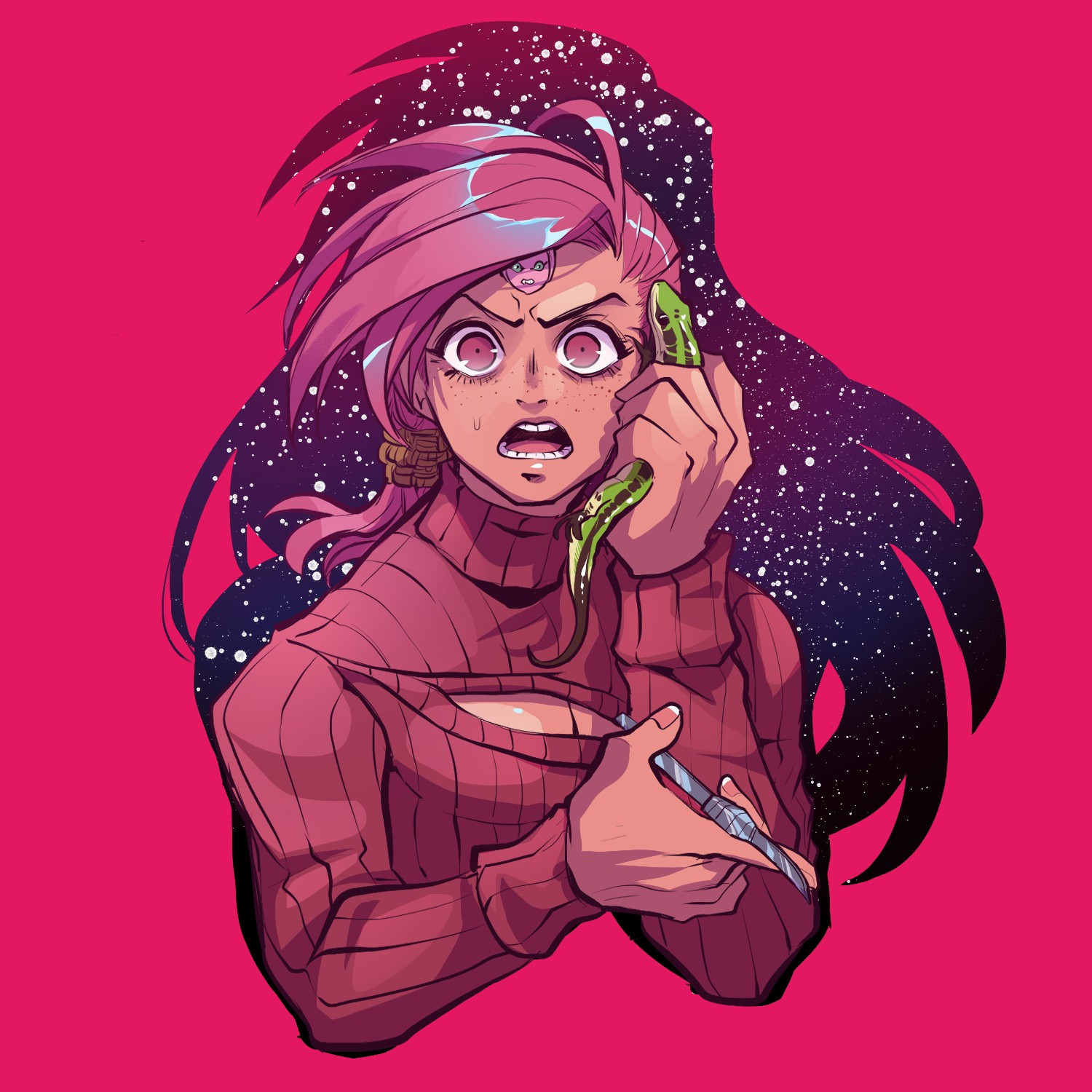 Doppio from JJBA holding a lizard like a phone, looking serious, holding a scalpel in his other hand