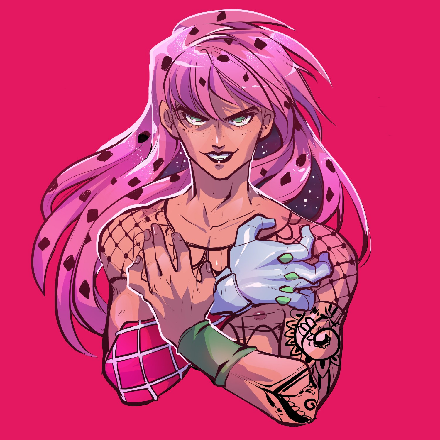 Diavolo from JJBA smirking and crossing his arms over his chest, his right arm being King Crimson's arm