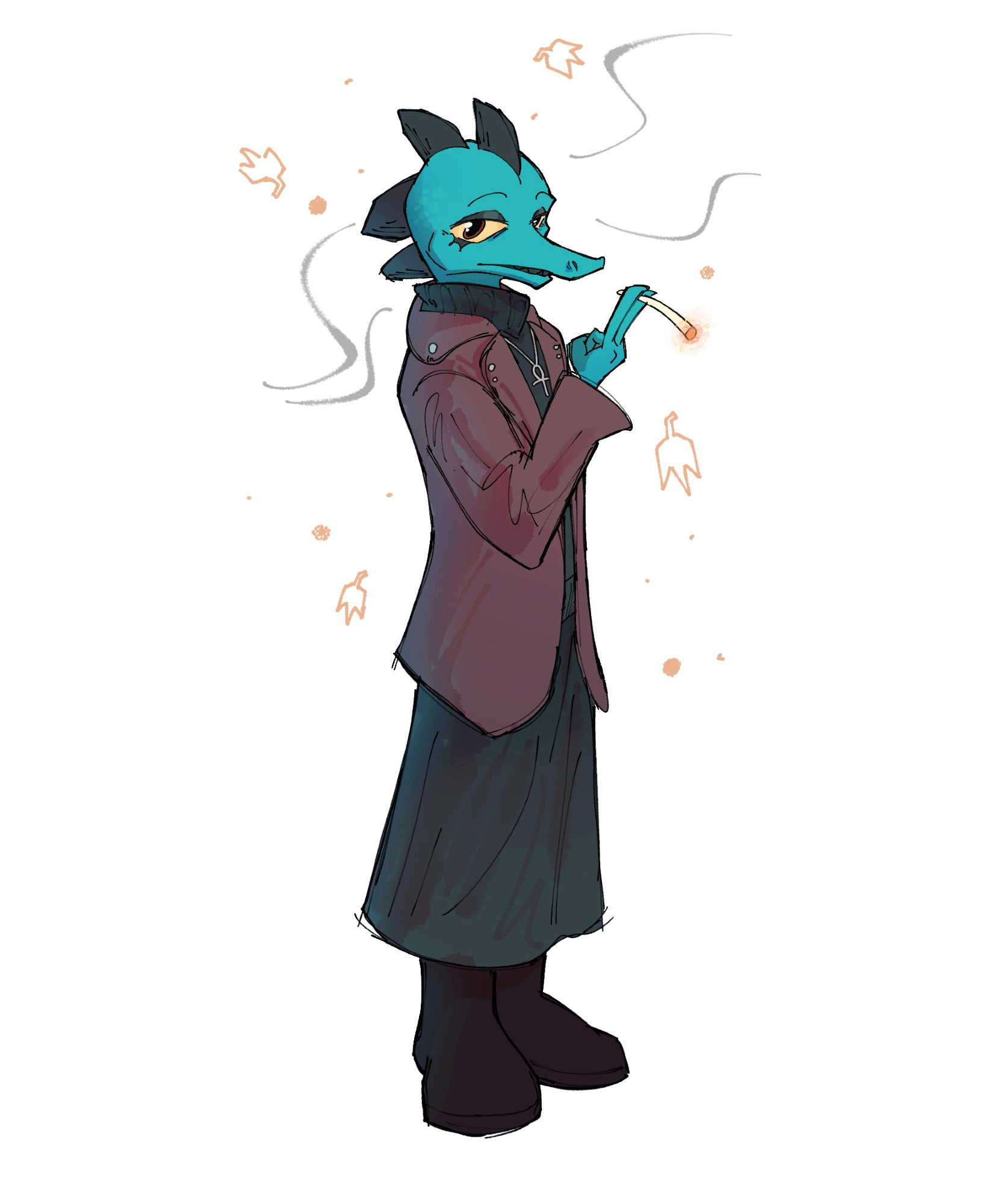 A drawing depicting an anthropomorphic crocodile (Bea Santello from Night in the Woods), wearing a black turtleneck sweater, a black long skirt, boots, and leather jacket. She's holding a lit cigarette. Doodles of the smoke and autumn leaves surround her.