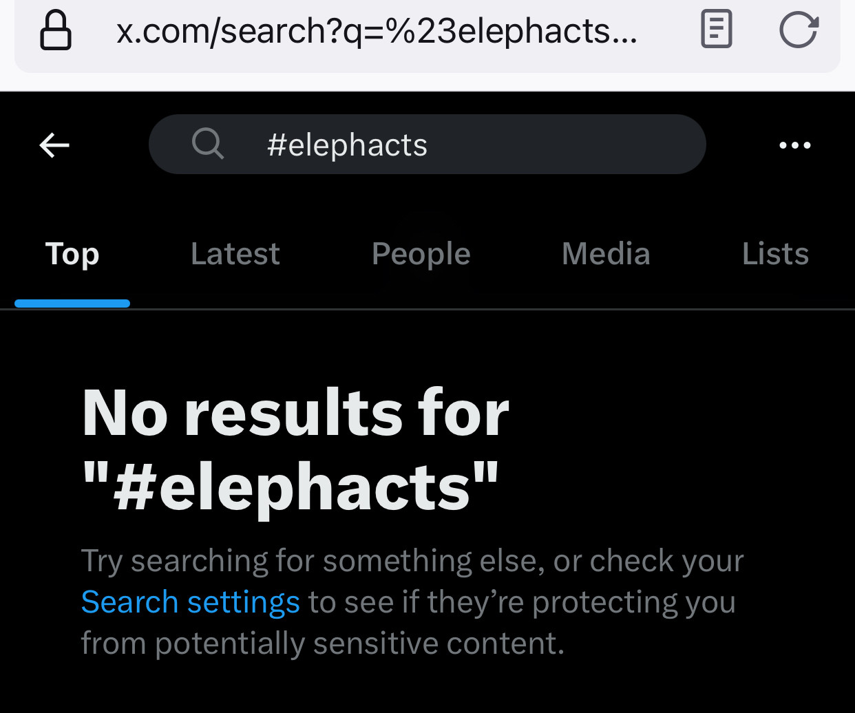 Screenshot of ex-twitter showing no results for the hashtag elephacts