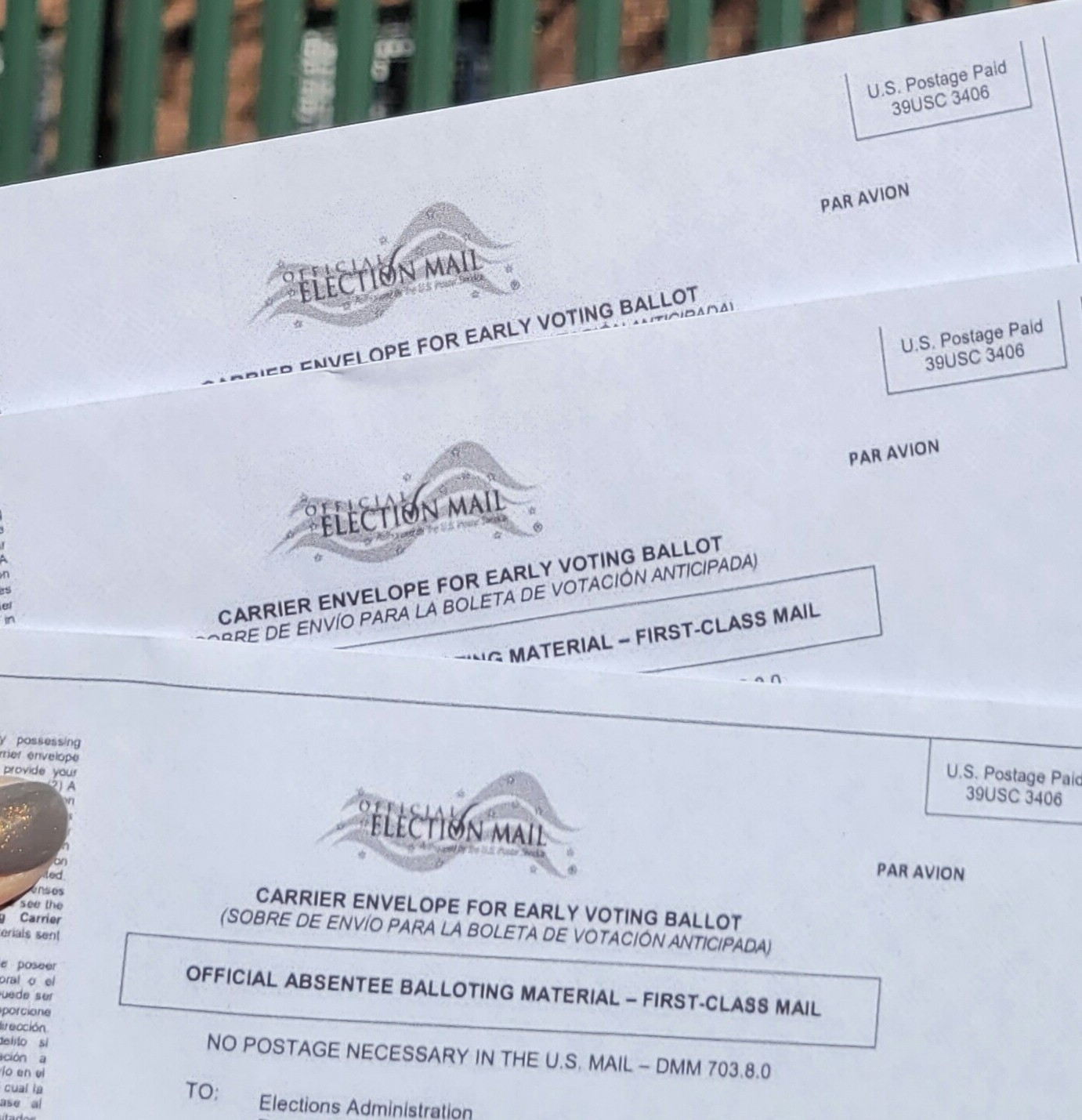 Our family's three sealed absentee ballots for the 2024 US federal elections.