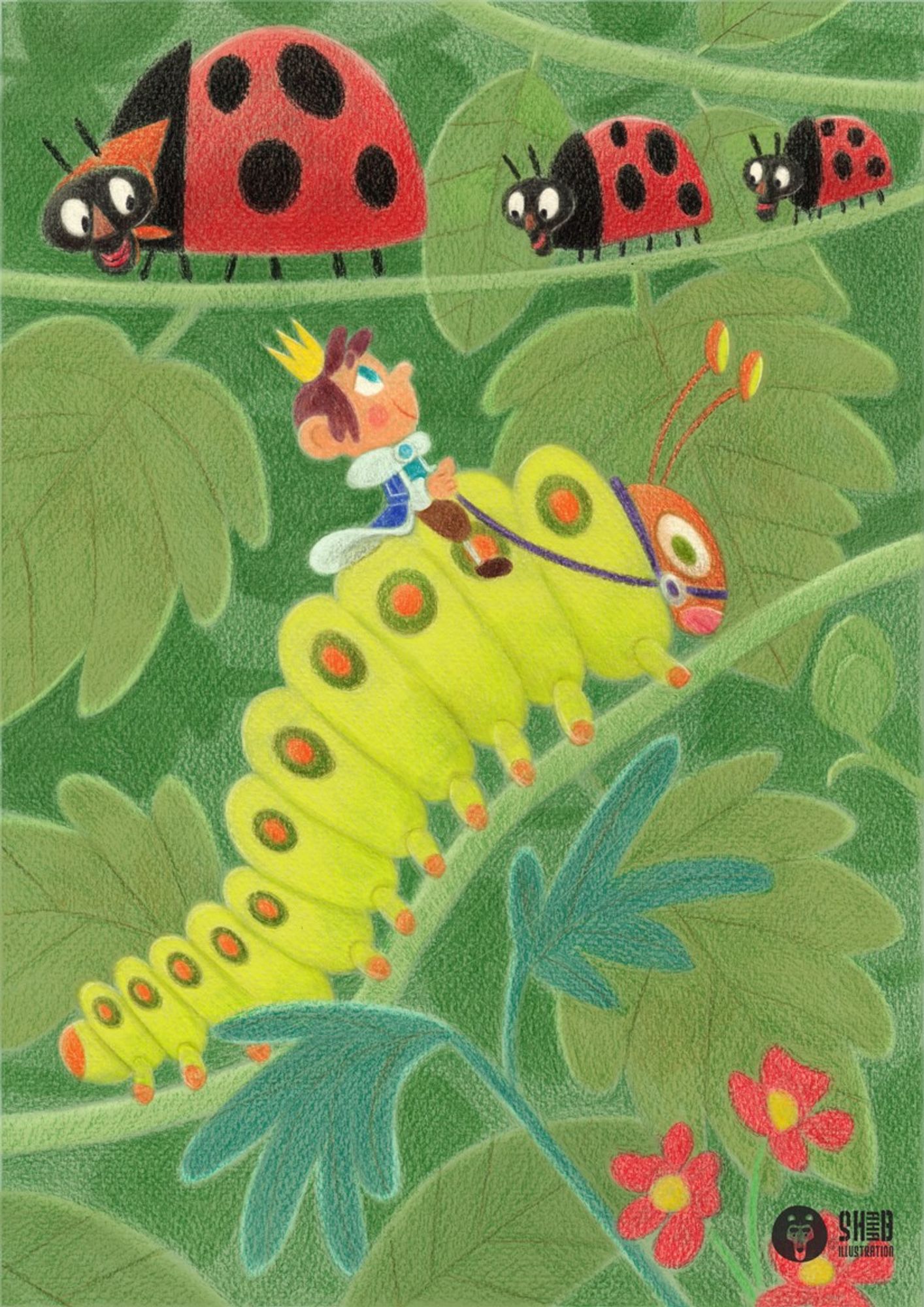 In this illustration, a little prince joyfully rides on the back of a friendly caterpillar, greeting a loving mum ladybug and her adorable children.