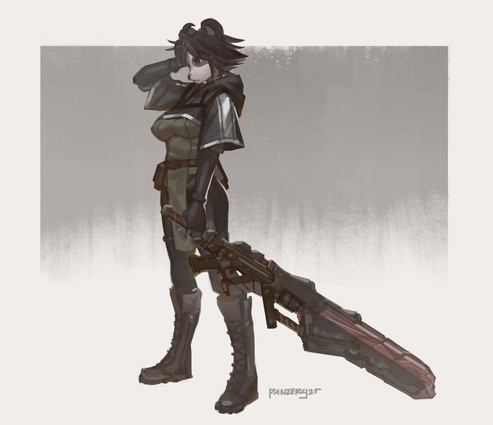 Painting of Nanovyne's character holding a damaged futuristic sword.