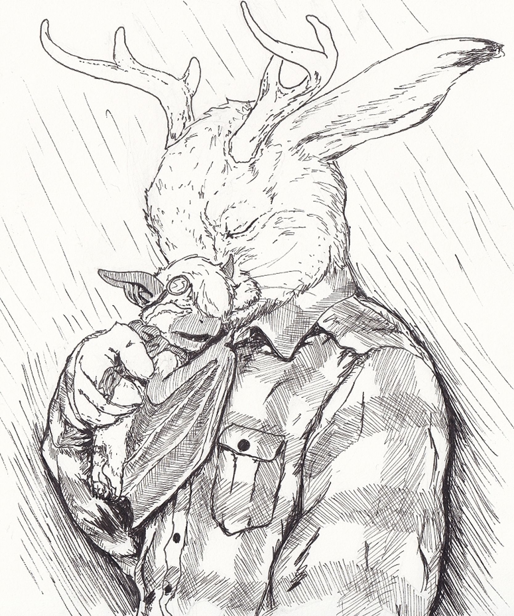 Pen and ink drawing of Exindiv, a little brown bat wearing goggles and a scarf, crying against his husband's chest, depicted here as a jackalope wearing a flanel shirt.