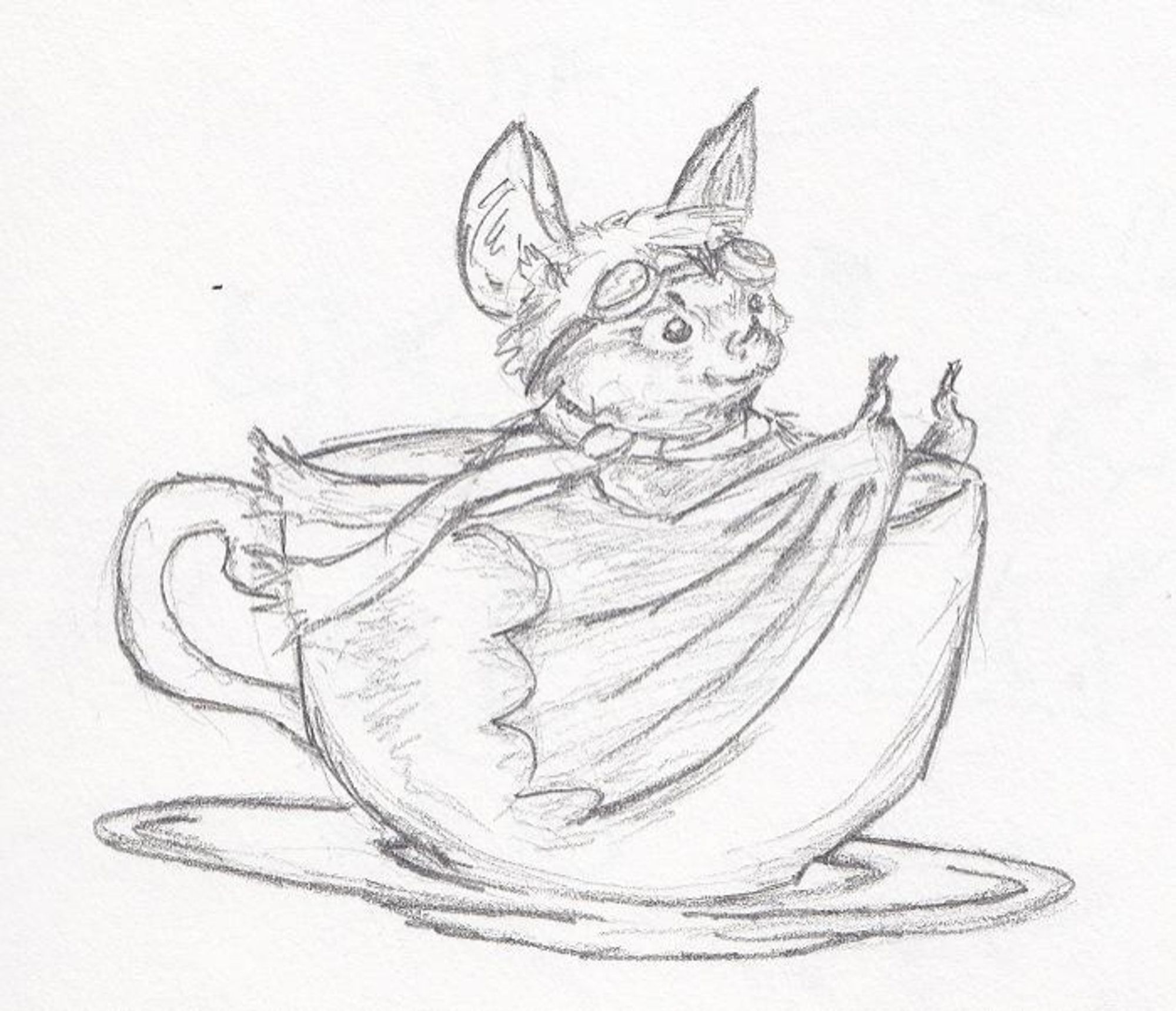 Pencil sketch of Exindiv, a little brown bat wearing goggles and scarf sitting in a tea cup with saucer.
Drew this in 2013. Despite having been in the fandom for over a decade at that point, this was the first time I'd actually drawn my fursona. Generally his design has stayed the same over the years - only big change was dropping the leaf nose.