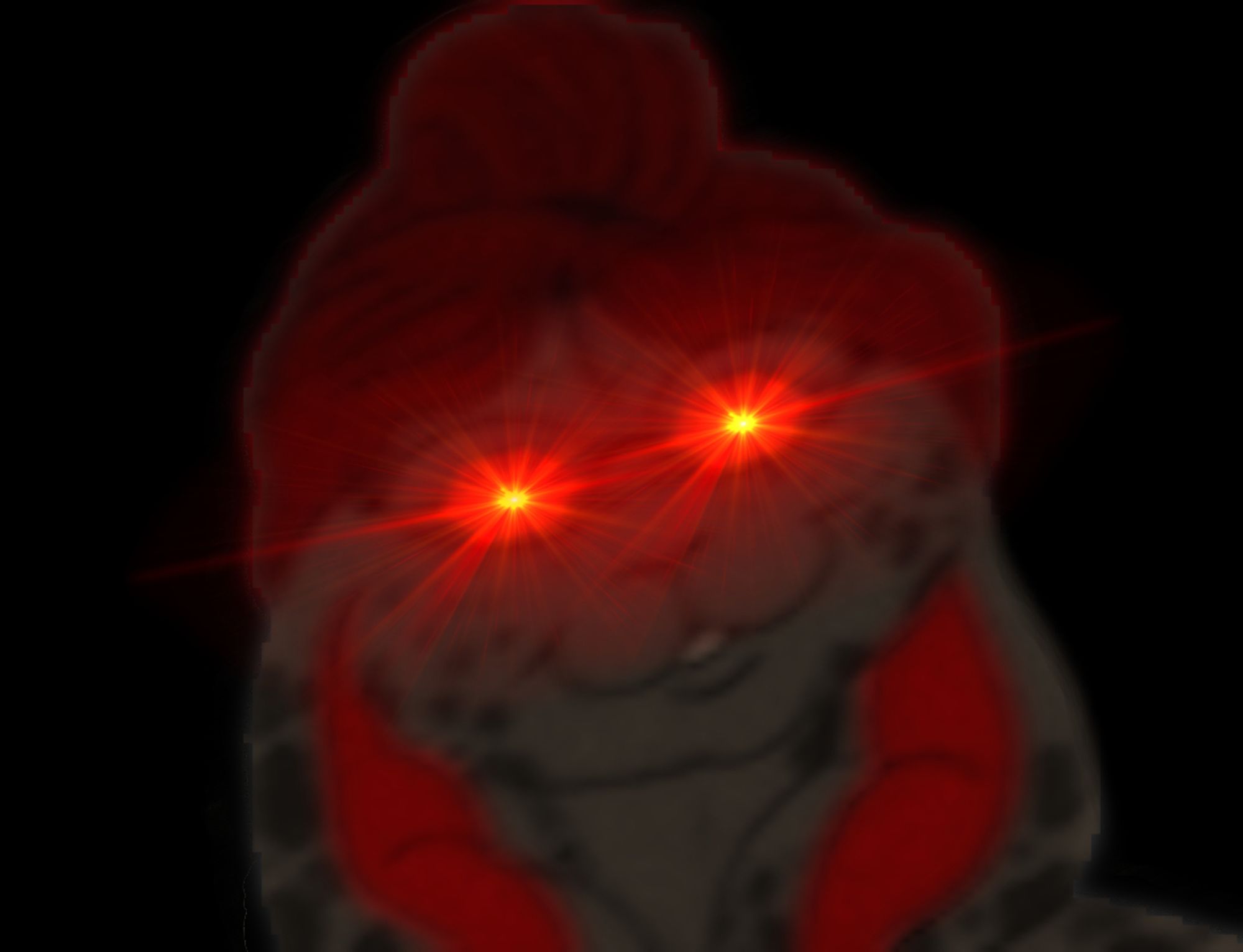 A massively compressed, color-modulated and blurred image of an anthro rabbit with laser eyes