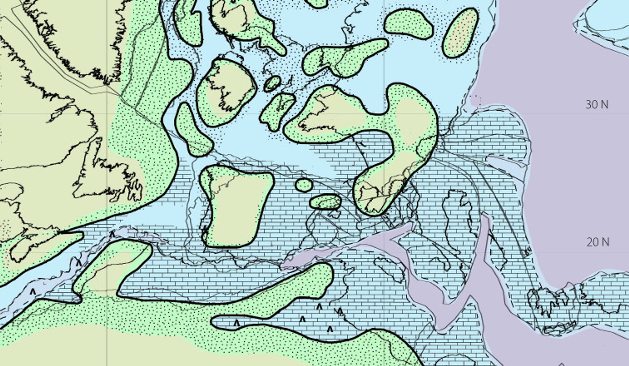 Paleogeography of the earliest Jurassic. The colors represent: dark blue = deep ocean, medium blue = continental slope, light blue = shallow shelf, light green = terrestrial areas receiving sediments, dark green = emergent areas, pink = Zechstein salt basin. The shading pattern: dots = clastics (i.e., mud, silt, sand, and conglomerate), brick = carbonates. The thick black line is the coastline. The thin dashed line is the shelf edge. 
source: https://www.sciencedirect.com/science/article/pii/B9780128094174000045