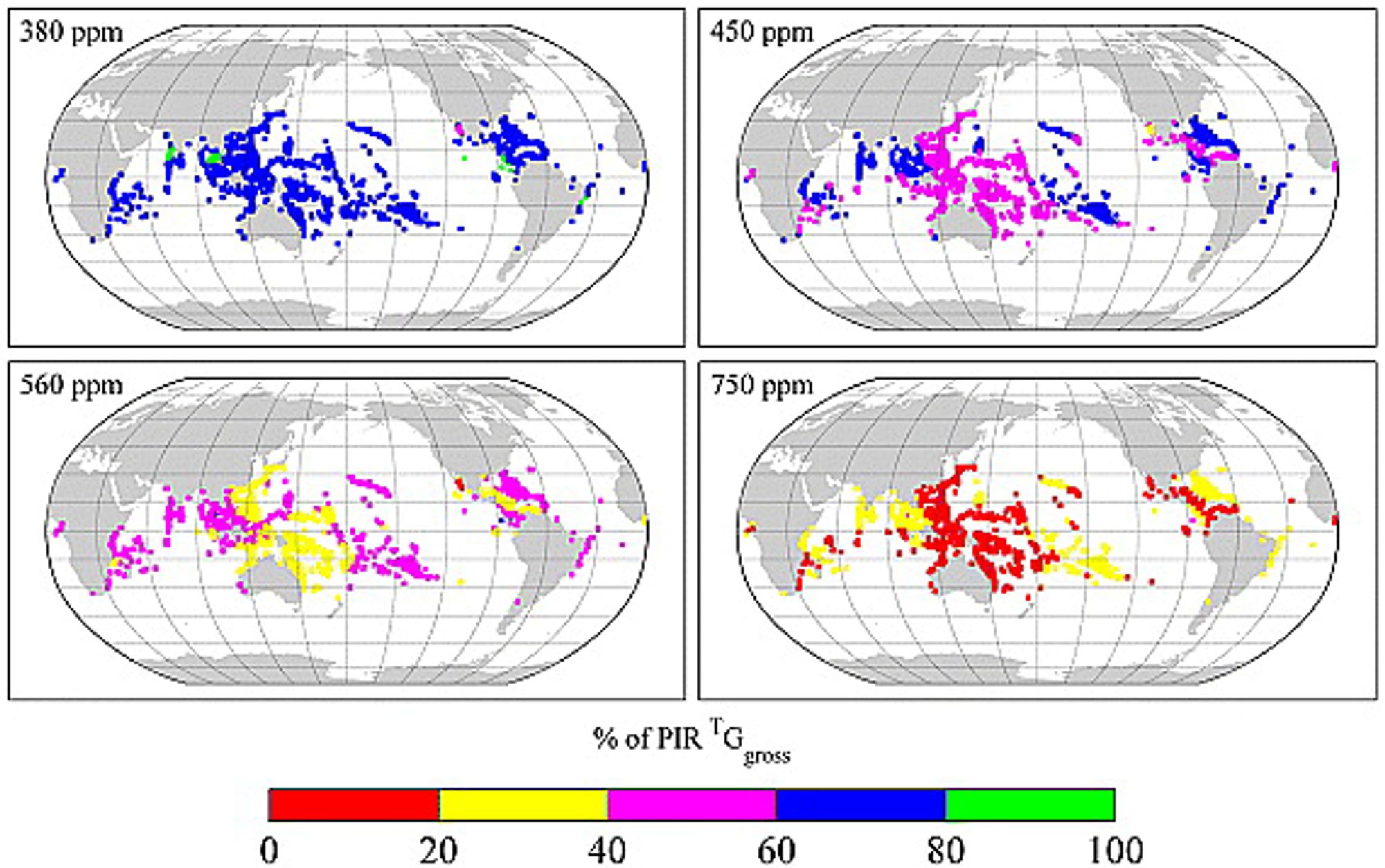 Calcification rate of coral reefs (Ggross as fraction of pre-industrial, red is bad). Source: https://agupubs.onlinelibrary.wiley.com/doi/full/10.1029/2008GL036282