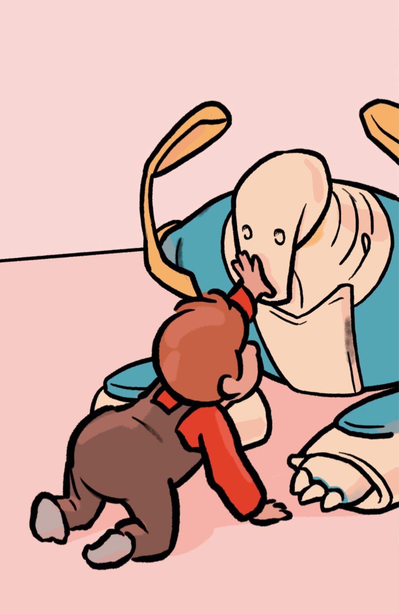 My digitally drawn colour illustration of a human toddler booping a big robot on the face