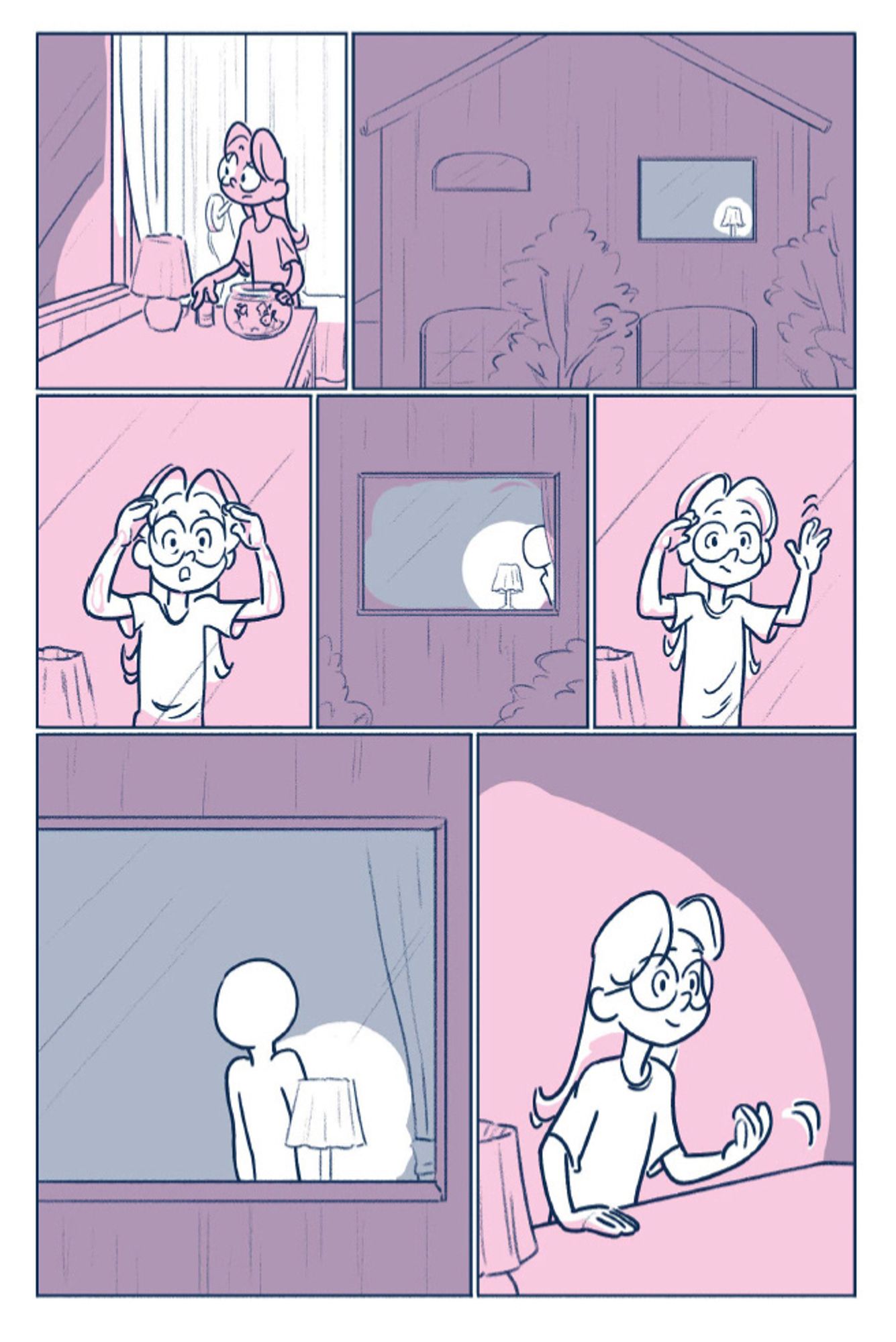 A comic page digitally drawn by me, depicting a girl inviting a ghost over