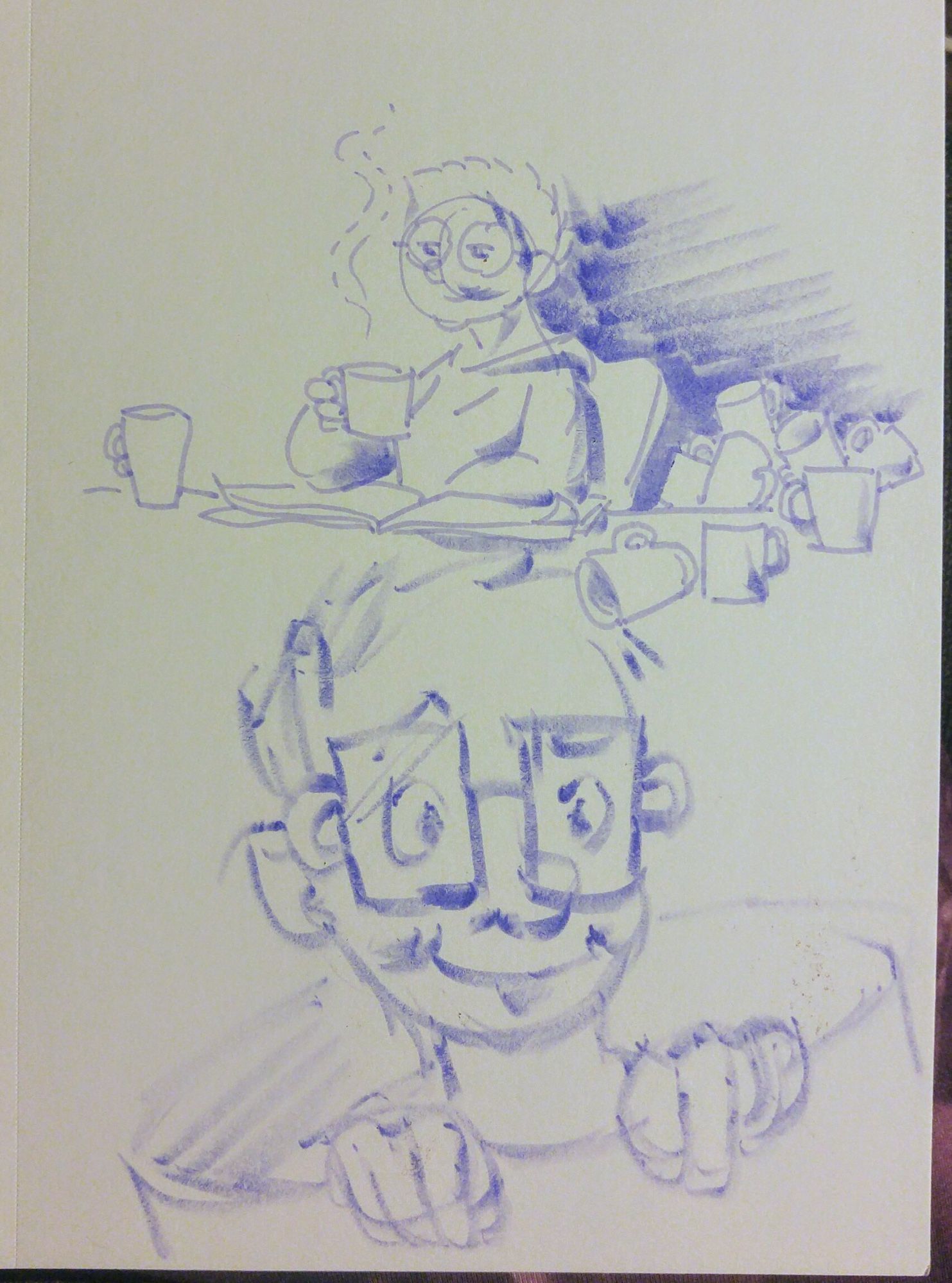 Sketchbook page with bad self-portait sketches of me surrounded by coffeemugs. The sketches are done in light purple marker