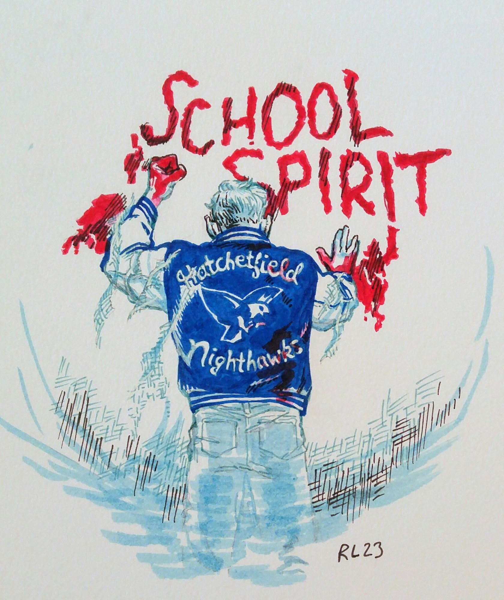 My Pitt pen sketch of a male-presenting person from behind, with blood on their hands, punching a wall. Bloody writing on the wall says ’school spirit’. Person is wearing a tattered blue letterman’s jacket that says ’Hatchetfield Nighthawks’ on the back