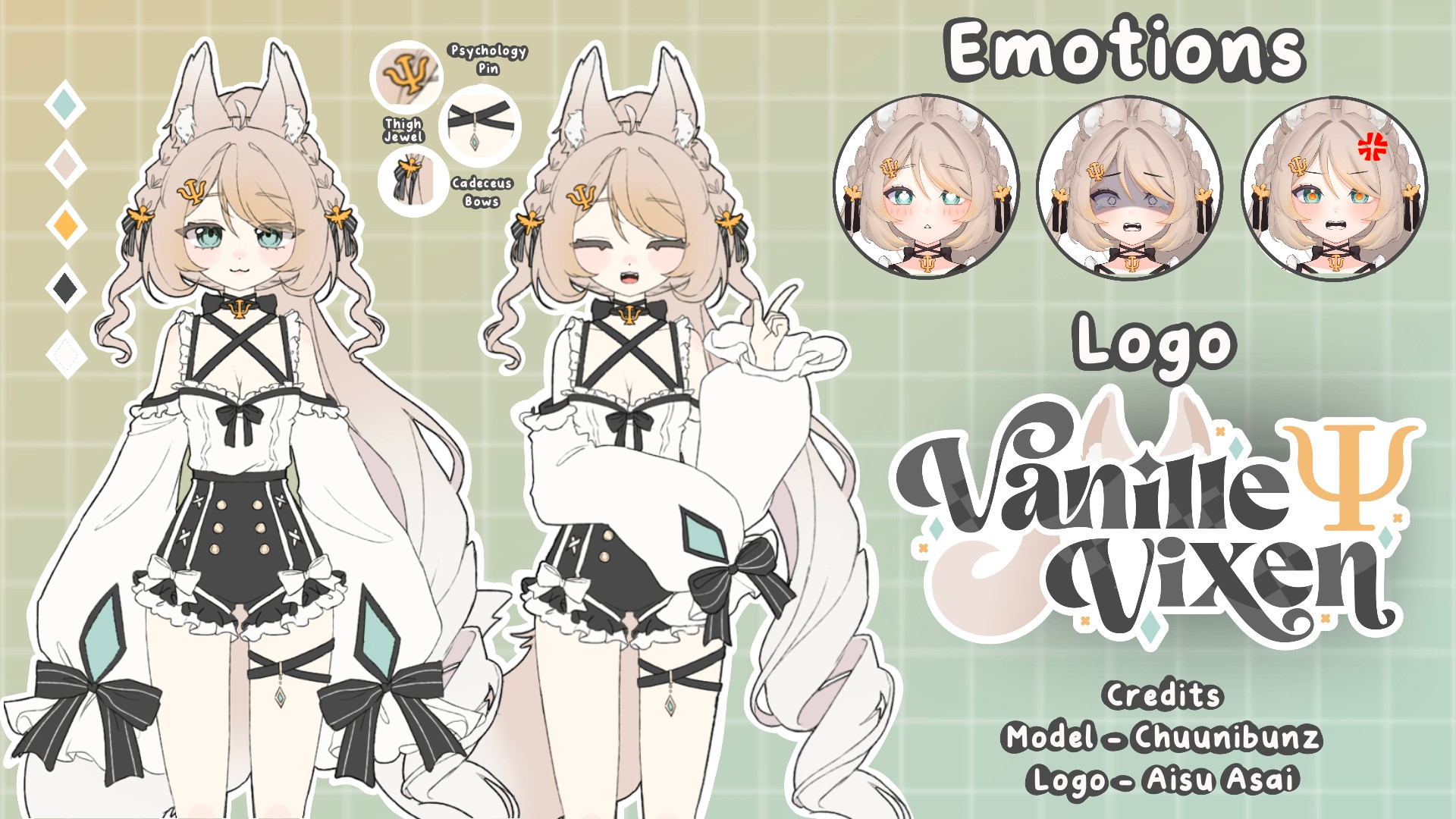 It is a Reference Sheet of my Vtuber Vanille Vixen. On the left is an image of my model who has light brown hair in a ponytail. She has white tips at the end of her hair, Fox tail, and ears. She also has a gold Psychology pin holding her hair back, along with braids. She is wearing a white blouse with straps over the side, and high waisted black frilly pants. To the right She has her logo, and her emotions showing of love, fear, and anger.