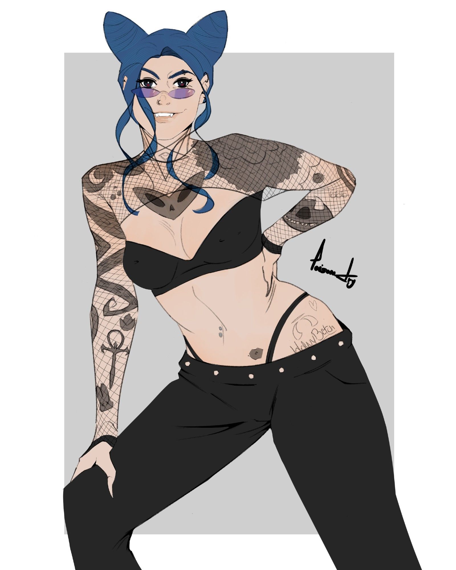 Carmine OC, Marcela: a blue haired and tattooed woman, using black and posing for photo.