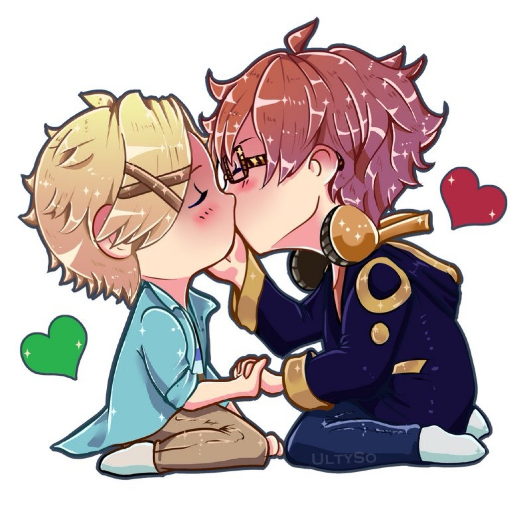 A chibi of yoosung and saeyoung sitting and kissing