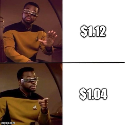 Geordie La Forge shuns outrageous price of $1.12, is impressed by kick-ass price of $1.04