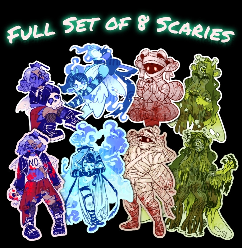 all scairies stickers from left to right: purple zombie chibi + regular size, blue dullahan chibi + regular size, red mummy chibi + regular size, and green swamp hag chibi + regular size!