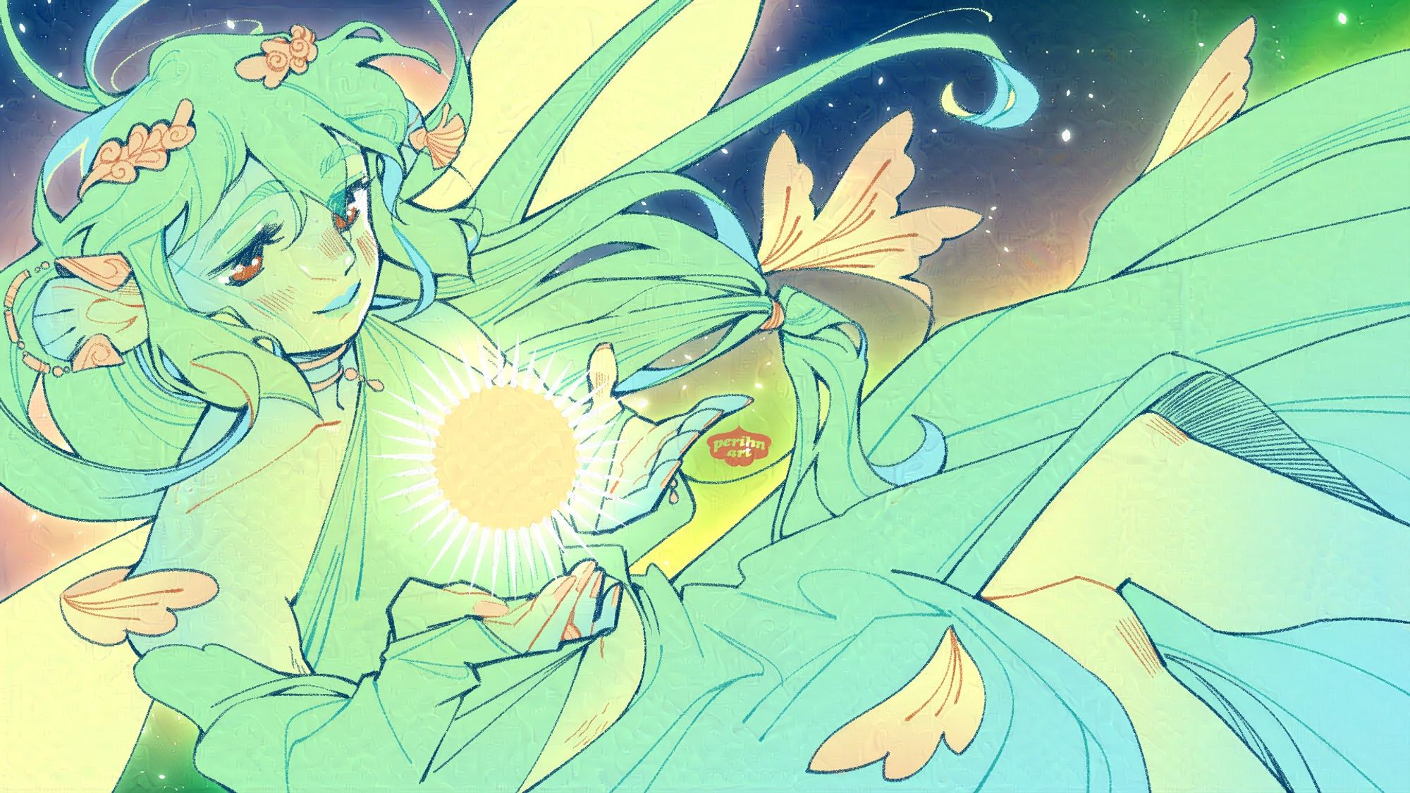 a large green fairy with soft brown eyes, they gently hold the sun (you) and float through the starry night sky.