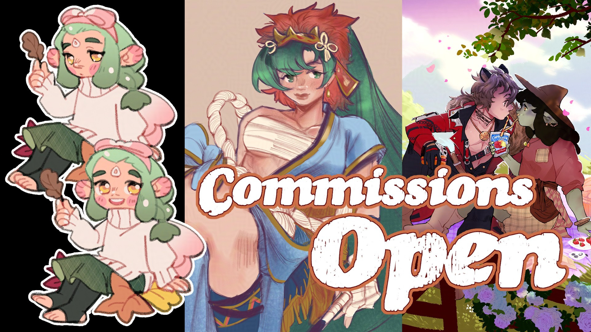 text reads: Commissions Open. from left to right, samples include chibi pngtuber with 2 modes, skeb style lyndis, and detailed background of a lion boy and goblin girl sharing a capri sun on a picnic blanket.