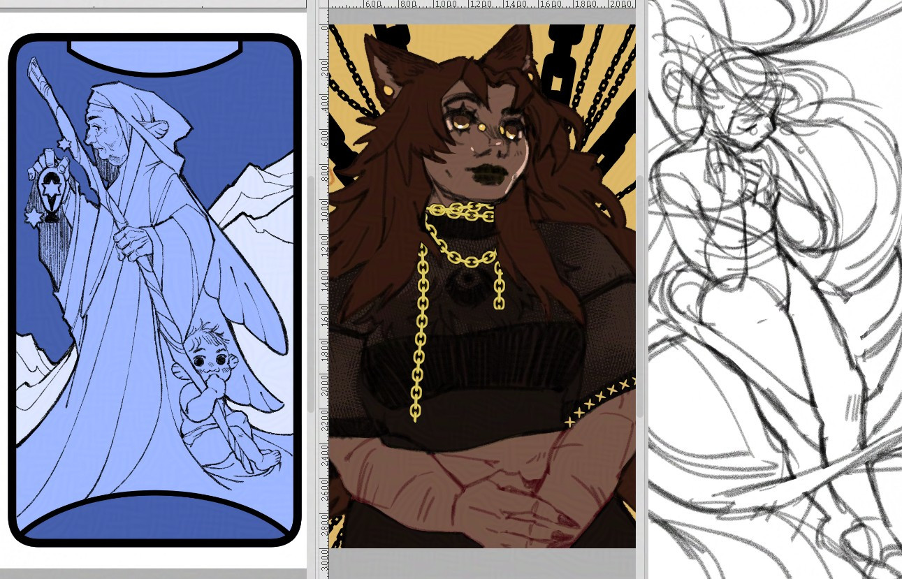 screenshot of current work, left to right; the hermit tarot wip, werewolf girl with gold chain necklace and big brown hair, a swirly sketch of a fairy.