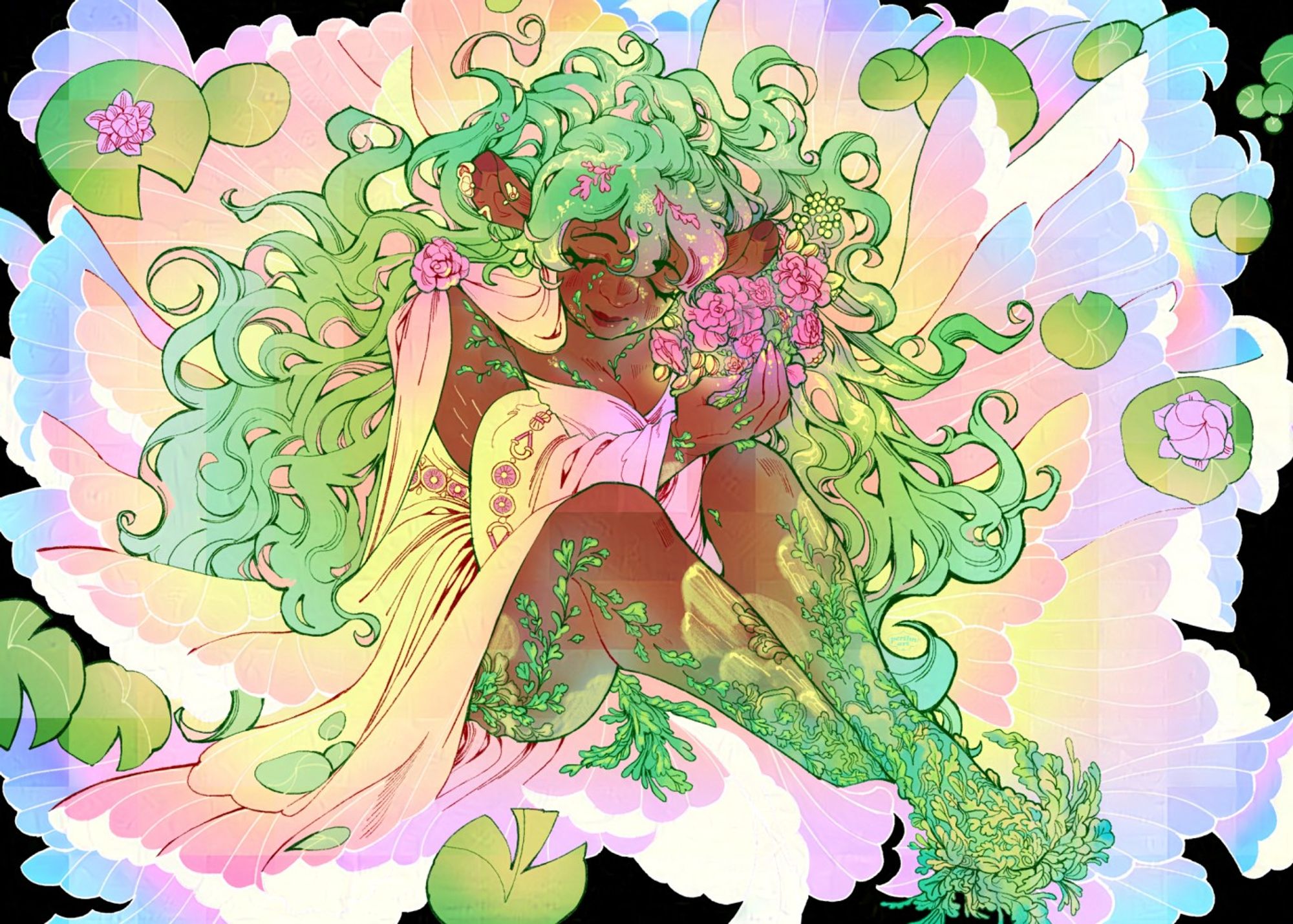 illustration of a fairy holding flowers, their dress is flowing out behind into pinks, blues and yellows. their hair is curly and green.