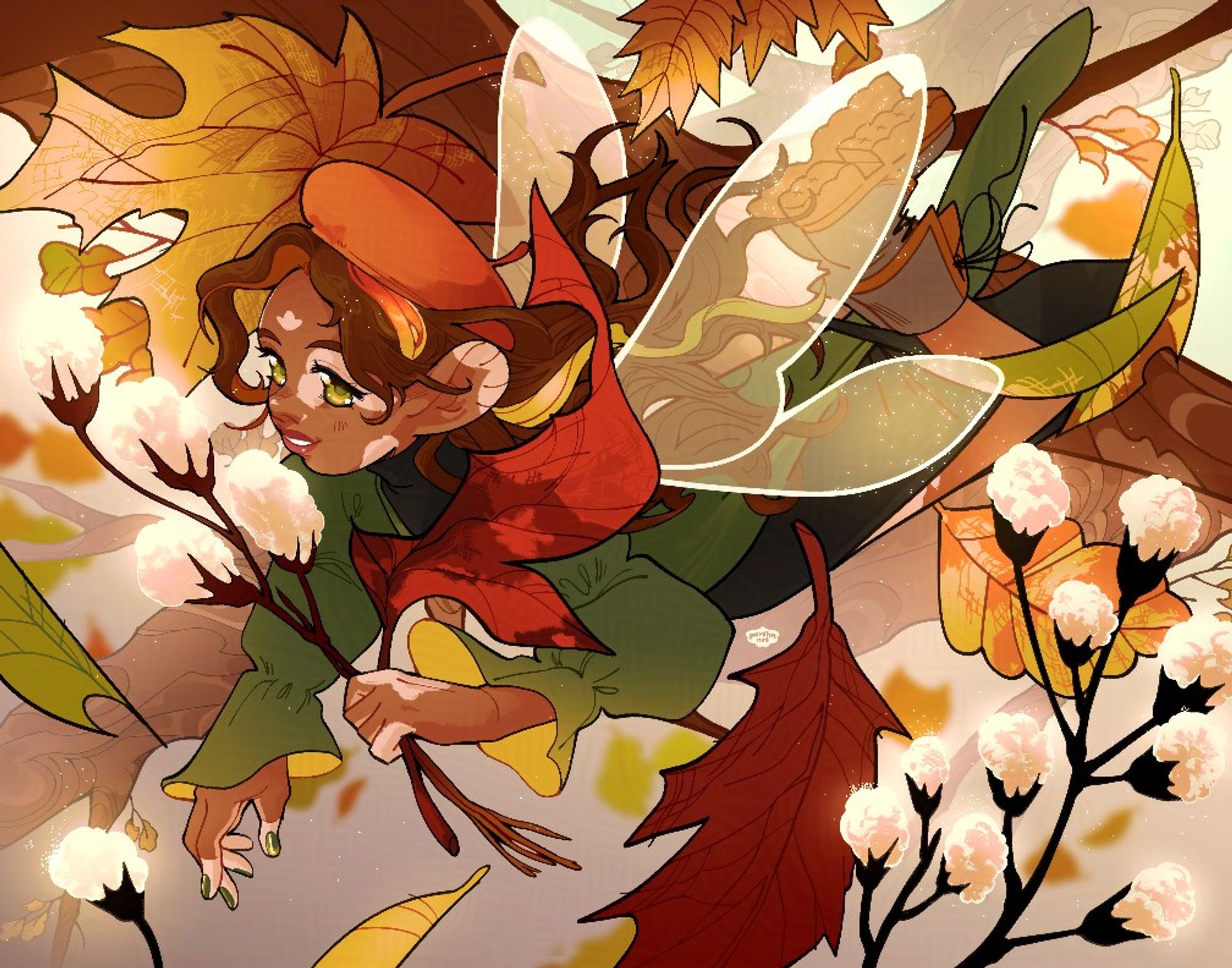 a fall fairy with vitiligo skin flies through the falling leaves. they're looking to the left and smiling, they have olive green eyes, an olive green dress and black dress layered together, brown boots and an orange beret. there is an orange, yellow and green strand of hair in their brunette hair. they carry cotton plants along with a red leaf torn in half.