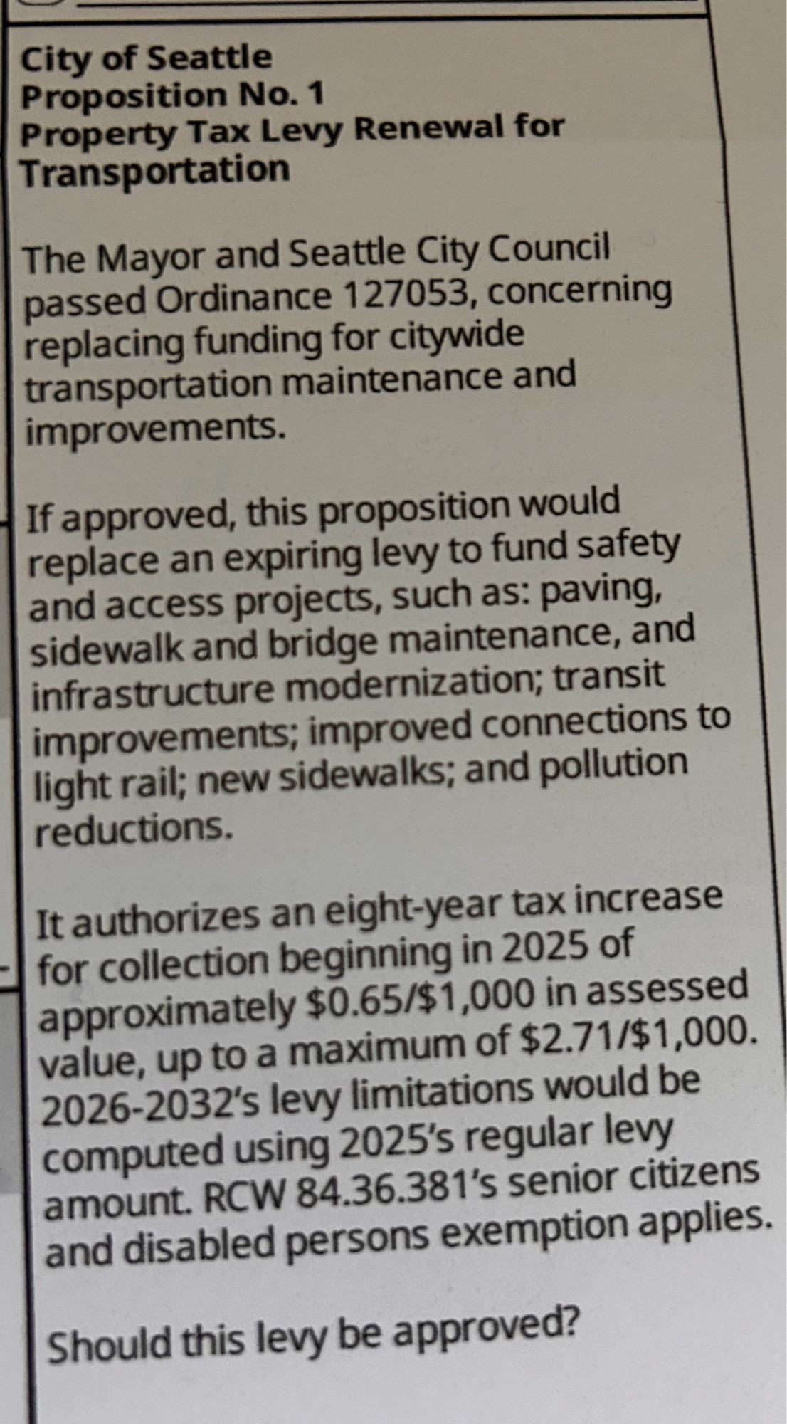 The text of the ballot item for Seattle’s transportation levy renewal, prop 1