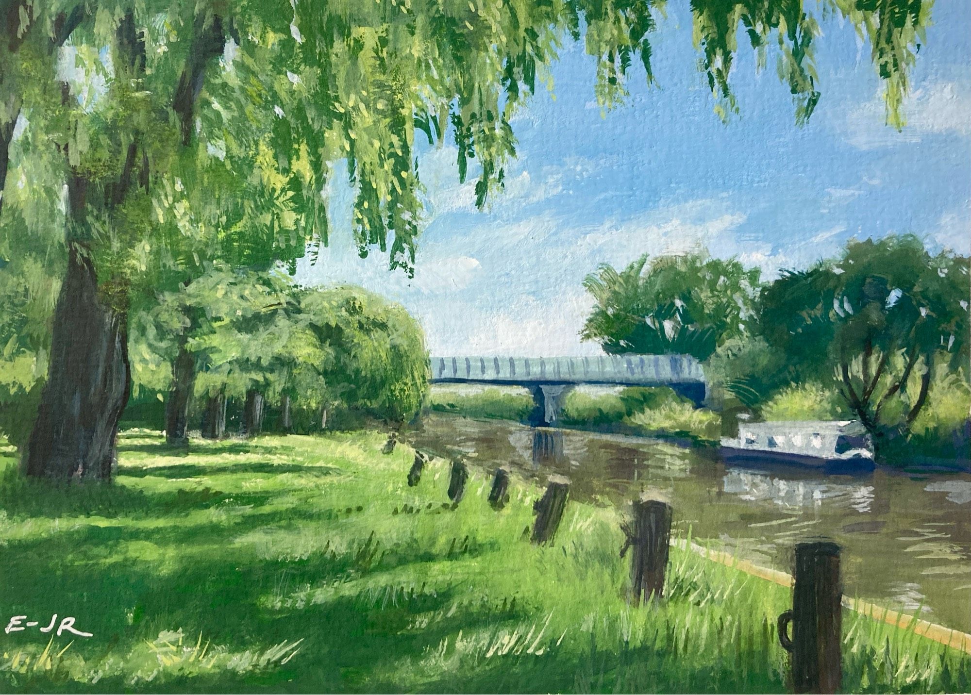 Gouache painting of a grassy riverbank on a sunny day featuring trees, mooring posts, a riverboat and a distant bridge