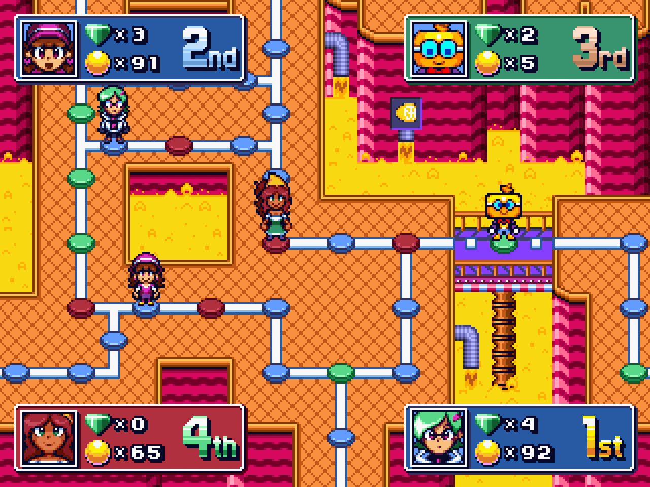 A fake screenshot of a hypothetical Mario Party-like game.

Features several 4 characters on a big board based on "Fruit Juice Factory", originating from Super Freaks games but the design is taken from Strato Freaks 2. The area has a diamond pattern orange floor surrounded by board pieces with green, red and blue circle spaces all connected by a white line road. The entire area is full of acidic pits made of hazardous lemonade. The walls are pink with a purple squiggly line pattern across.

The four characters featured are:
Amber belonging to @rabbitlegs.bsky.social
Tikiman belonging to @superfreaksdev.bsky.social
Clara Rivera belonging to me
Stella belonging to @engineerkappa.bsky.social

The HUD contains the character placements and their ranking/scoring. The Gems acts as a replacement for the Stars in Mario Party as the Orbs counts as a replacement for the Coins in the same respect.

The ranking is based on the most amount of Gems a player currently has.

Amber is in 2nd place with 3 Gems and 91 Orbs.
Tikiman is in 3rd place with 2 Gems and 5 Orbs.
Clara is in 4th place with 0 Gems and 65 Orbs.
Stella is in 1st place with 4 Gems and 92 Orbs.

The HUD colors changes depending on which space the character has landed on. Amber and Stella are on a blue space. Clara is on a red space and Tikiman is on a Happening space (green).

Tikiman also happens to be on a purple bridge connecting two areas of the board map.