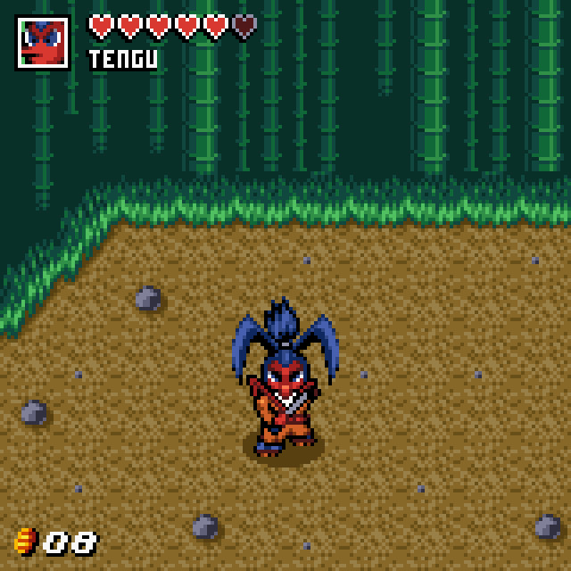 A fake top-down view SNES-looking game starring Robin_E94's OC named Tengu. The area is surrounded by a bamboo forest. There is a lives counter at the top left, represented by hearts similar to a Zelda game. The bottom of the screen is a coin counter displaying "08" coins collected. The visual style is inspired by the Goemon games on the Super Famicom, specifically Goemon 3.