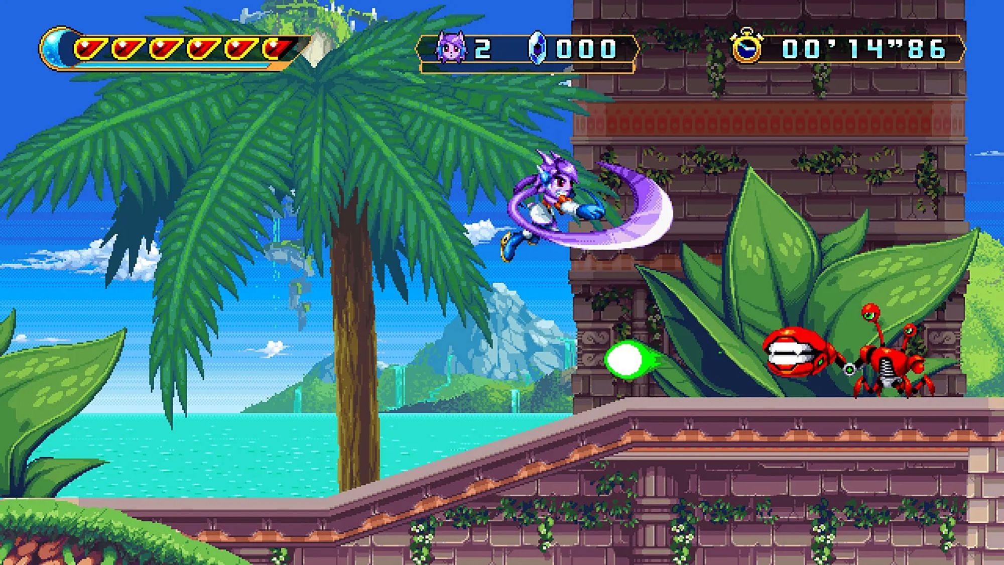 Screenshot of Freedom Planet 2 - Stage 16: Tidal Gate

Lilac is seen dodging and performing a midair attack towards a crab enemy, who is shooting a projectile across the screen.

Tidal Gate is one of the several levels I've worked on. I did not do the graphics, but have done the level layout.