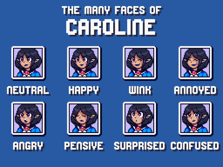 The Many Faces of Caroline.

Caroline belongs to @rabbitlegs.bsky.social.

There are 32x32 pixel portraits of Caroline displaying 8 different emotions such as: Neutral, Happy, Wink, Annoyed, Angry, Pensive, Surprised and Confused.