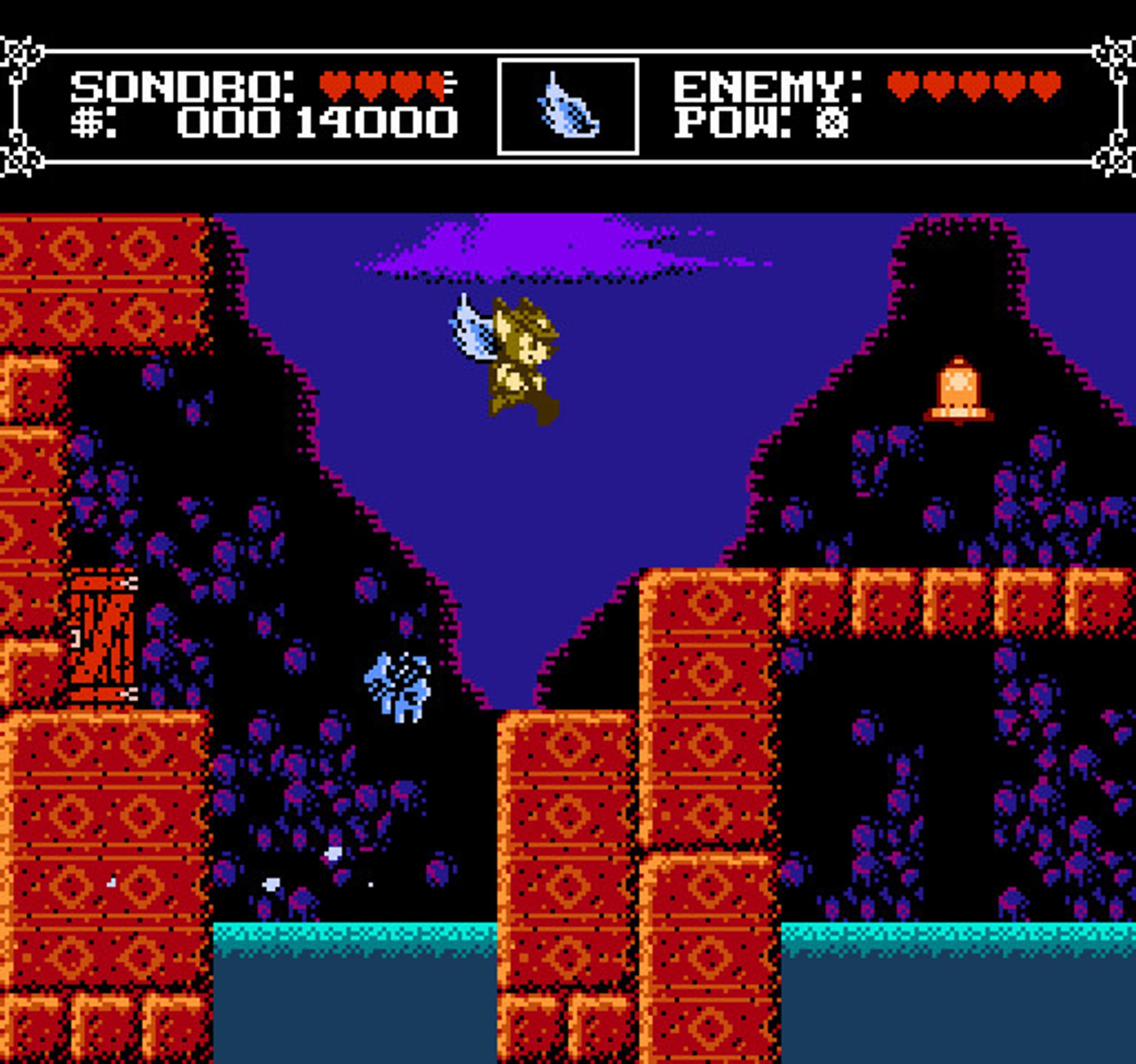 Snapshot of Sondro Gomez: A Sunova Story - Stage 3: Flood Canyon

Sondro is jumping over a somewhat shallow pit of water while gliding with the wing power up. There is a skeletal fish enemy jumping out of the water in an attempt to harm Sondro. There is an item bell and more platforms on the right side of the screen, featuring an unstable bridge.

Before the game was ported other to the Methyl Engine, I was the lead programmer of the game when it was made in ClickTeam Fusion 2.5.

I have also done tilesets for the game, such as the one featured in this screenshot.