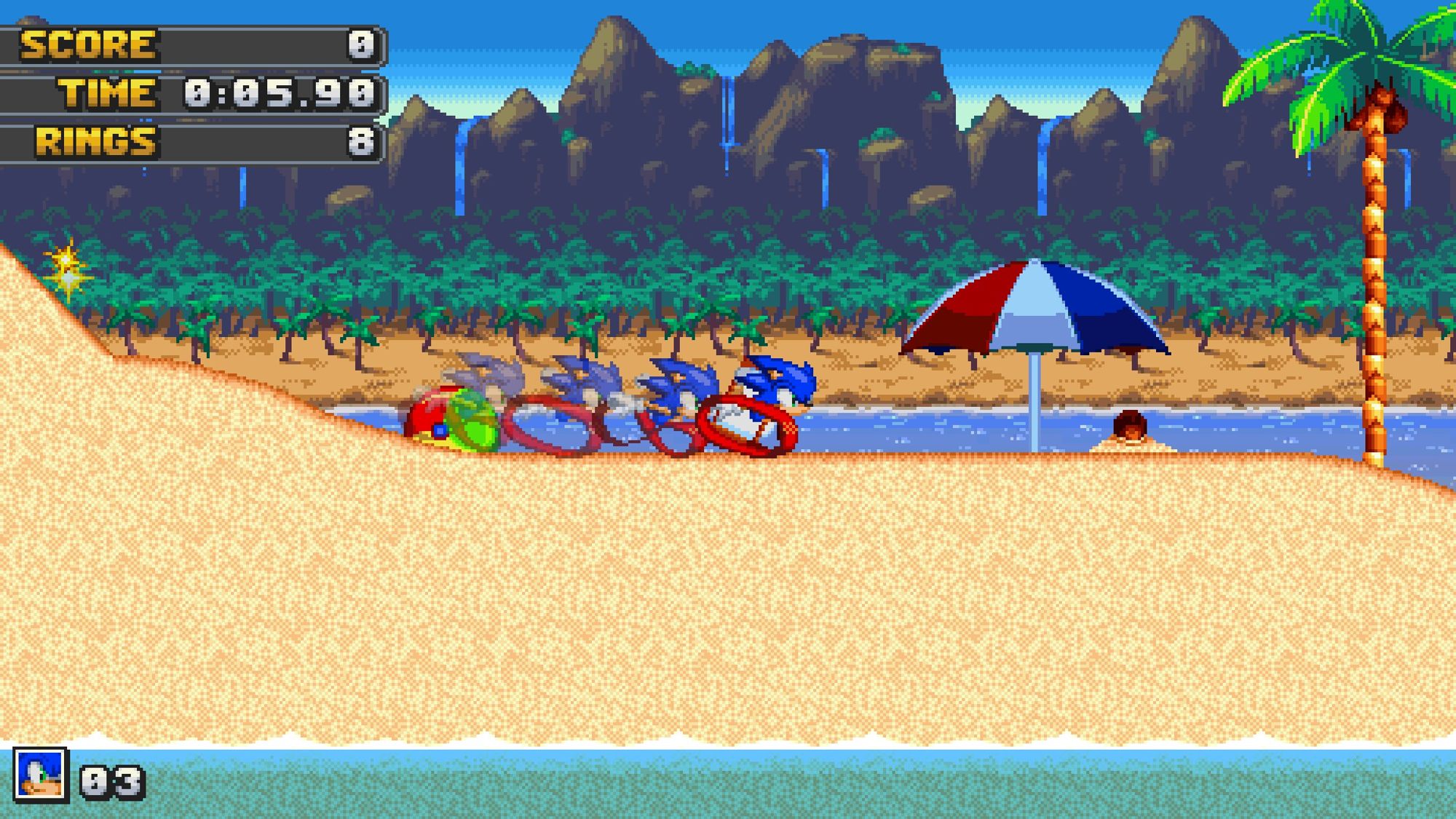 Emerald Ties 2021 Demo Snapshot - Sparkling Seaside Act 1

Sonic is seen running through the beach at the beginning of the level. There are umbrellas and palm trees as decor with a beautiful backdrop of the ocean with an island of more trees and mountains with waterfalls.

I am a programmer, director, pixel artist and level designer for this game.

I am also the level designer of this level as well as the tileset artist for this level minus the decorations. I've done partial work on the background parallax by polishing up the mountains.