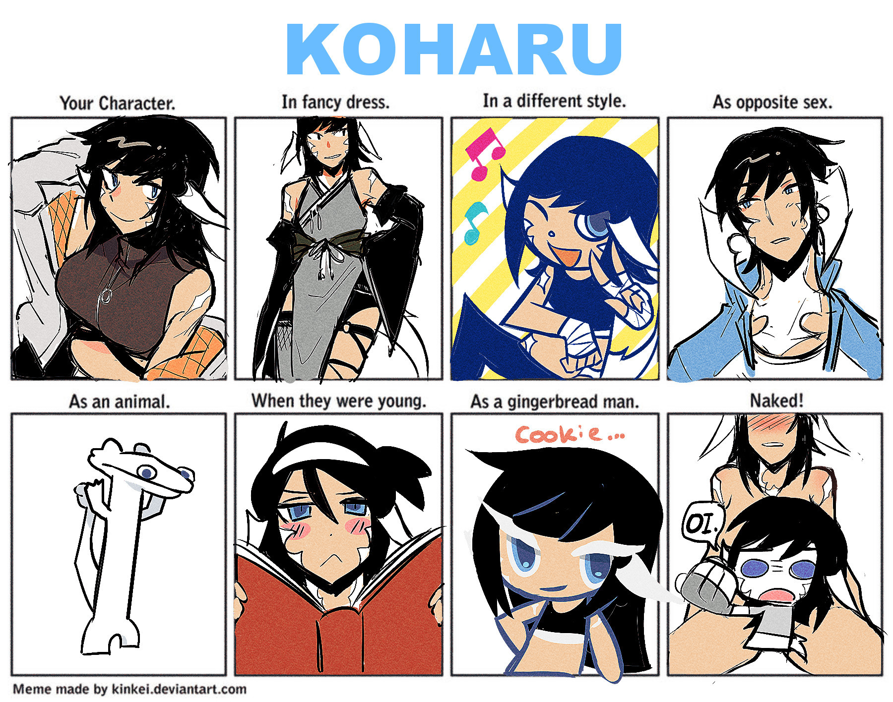 8-box meme of koharu, my xiv oc, put in different outfits/shown in different styles. left to right: your character, in fancy dress, in a different style, as opposite sex, as an animal, when they were young, as a gingerbread man, naked!