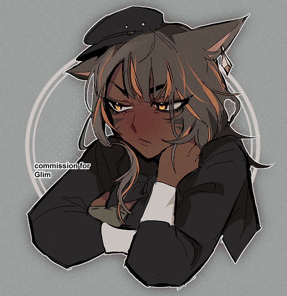 commission for glim of their miqo'te maggie, looking unamused with her head resting on her hand! 