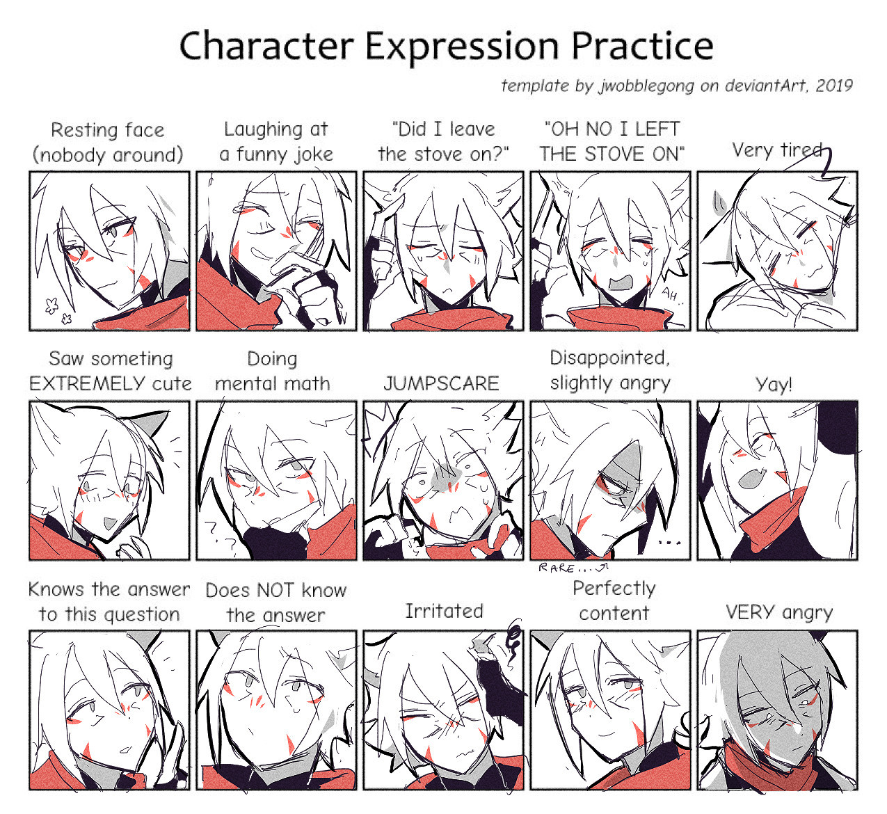 a character expressions practice art meme, 15 boxes in total featuring my miqote, l'hoa! left to right, top down: resting face, laughing at a funny joke, "did i leave the stove on?", "OH NO I LEFT THE STOVE ON", very tired, saw something extremely cute, doing mental math, jumpscare, disappointed/slightly angry, yay!, knows the answer to this question, does NOT know the answer, irritated, perfectly content, VERY angry