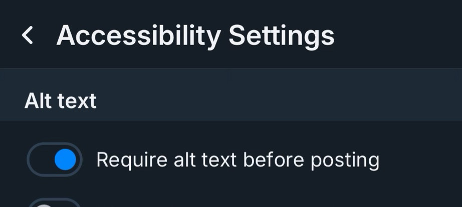 screenshot of my settings page enabling a setting that requires i include alt text for images before posting