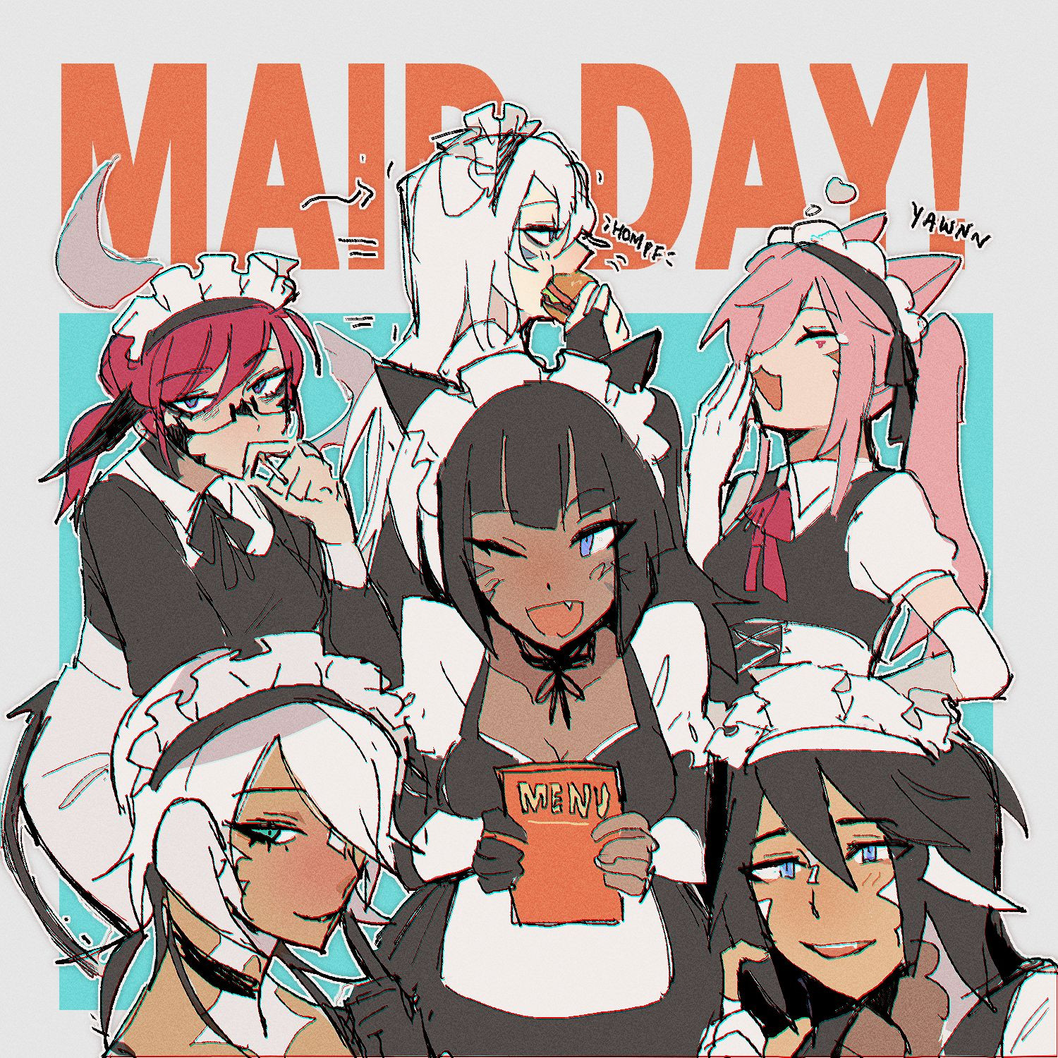 group image of 6 of my ocs dressed as maids, one holding a menu in the middle, the pink miqote in the back right yawning, a white haired miqote in the back middle eating a burger walking off, the back left xaela smoking, with orange text in the back which reads "maid day!"