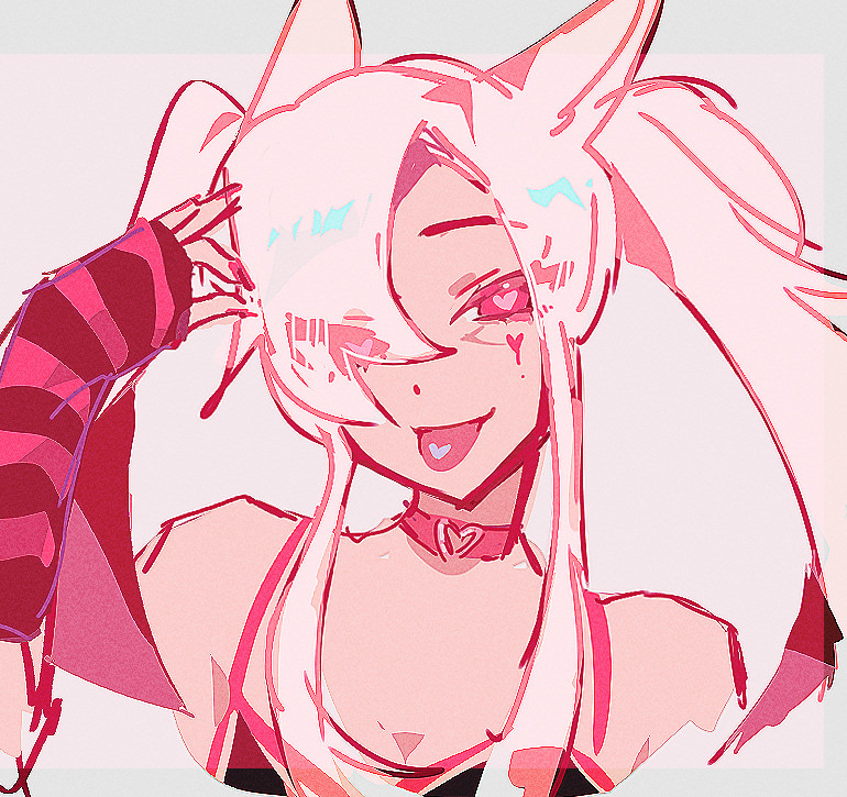 my pink miqo'te catgirl, y'vanya, in a bright pink palette illustration depicting multiple heart motifs (under her eye, in her pupils, on her tongue, on her collar)