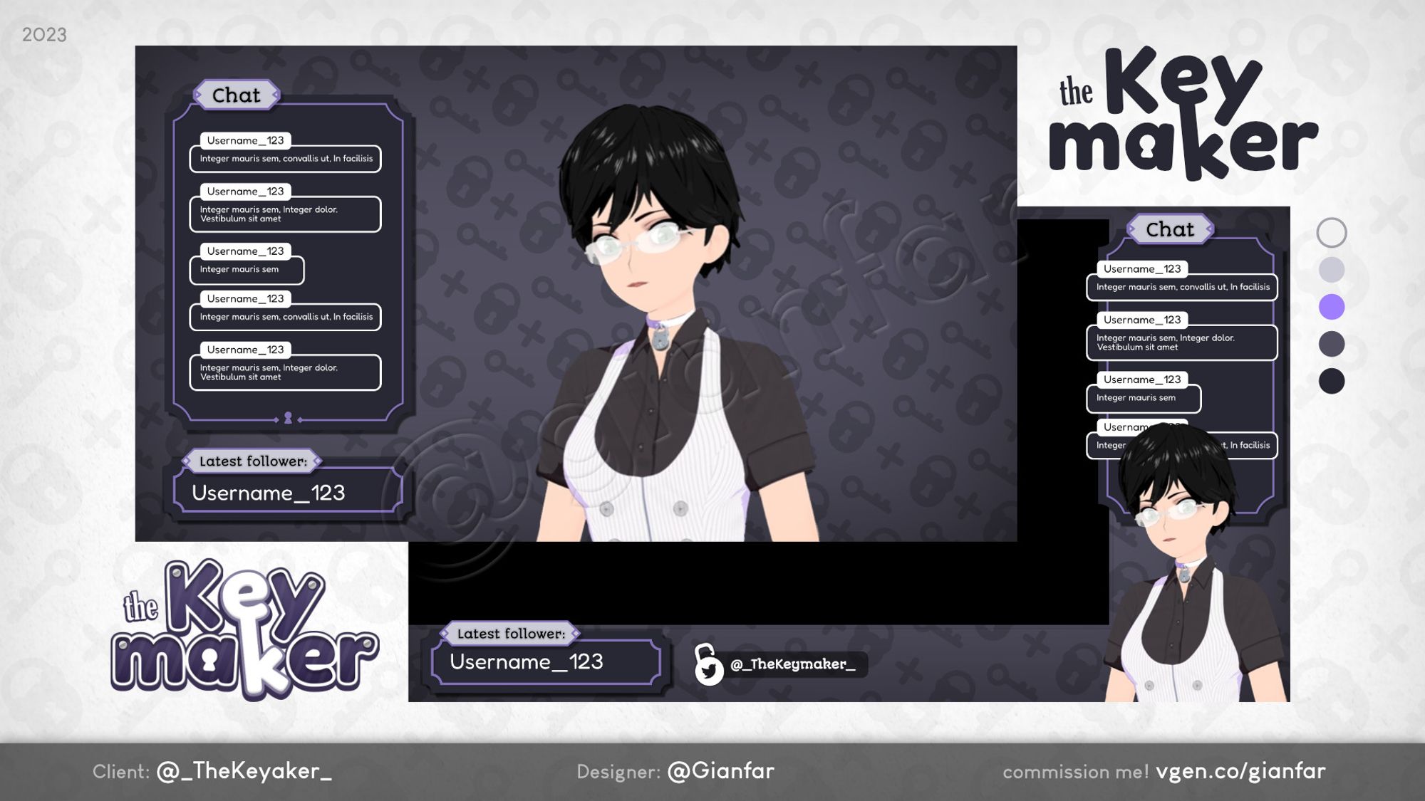 Design showcase of a vtuber overlay and logo. It follows a style of soft grey and purple tones with simple key and lock iconography.