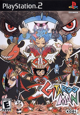 The main character stands with a guitar in his hand and is surrounded by the enemies he has to battle and also the allies he meets.
The logo for Gitaroo Man is obscuring the main character slightly.