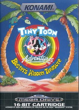 The logo for Tiny Toon Adventures featuring two of the main characters between two palm trees (one with the bird character Dodo on it) and floating above a red X on a sandy beach