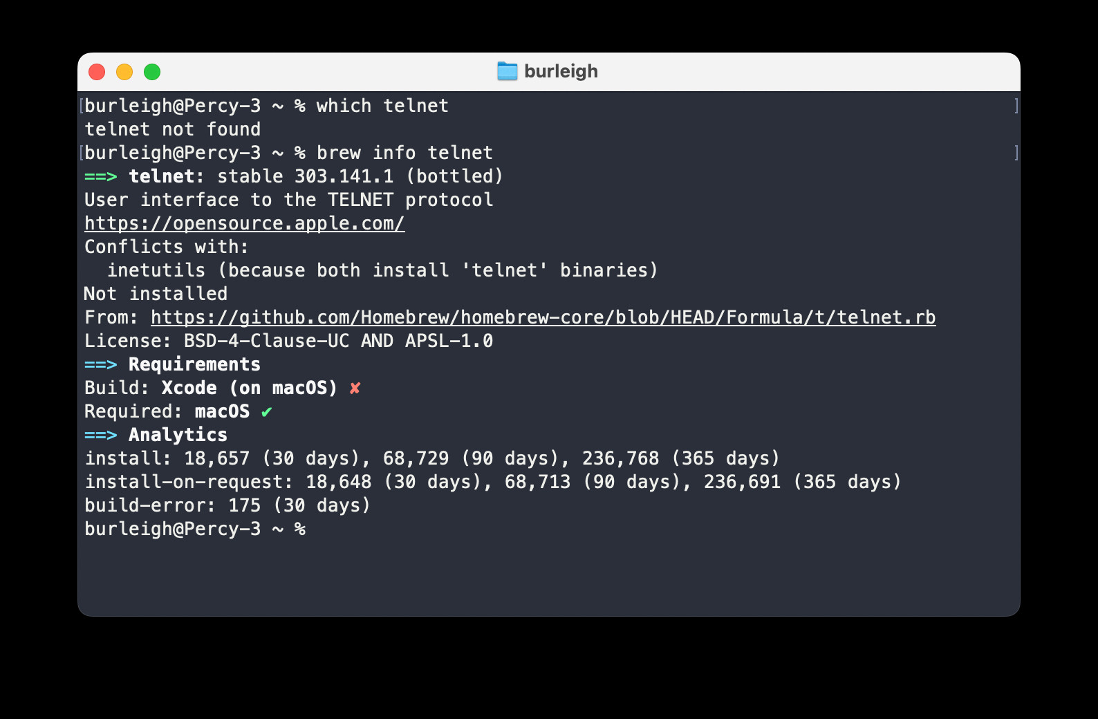 A macOS Un*x-like terminal showing that there is no telnet. But there could be.