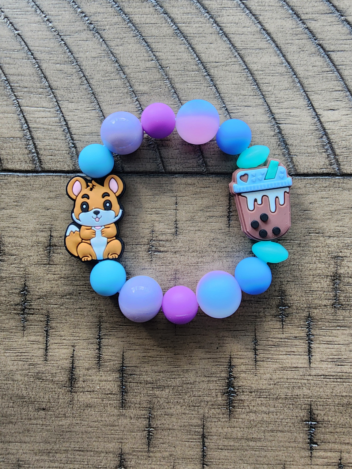 Chinchilla bracelet. Blue and purple bracelet with a chinchilla and chocolate bubble tea bead