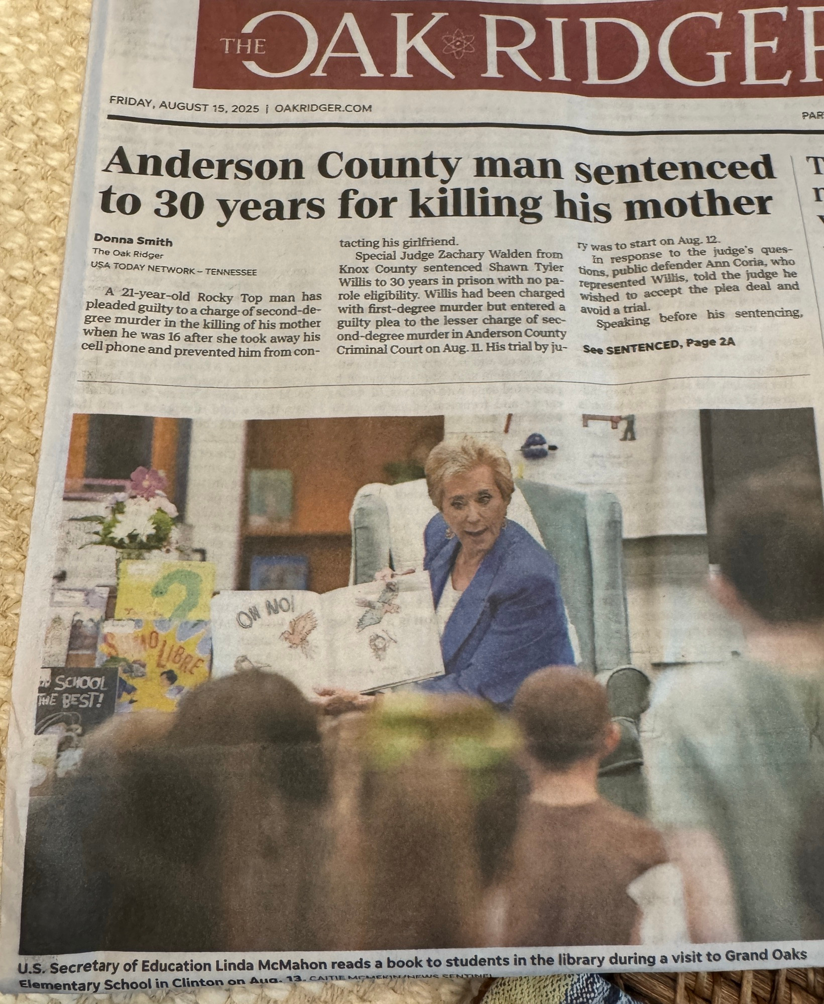 Newspaper article headlined “Anderson County man sentenced to 30 years for killing his mother” above a photo of Linda McMahon