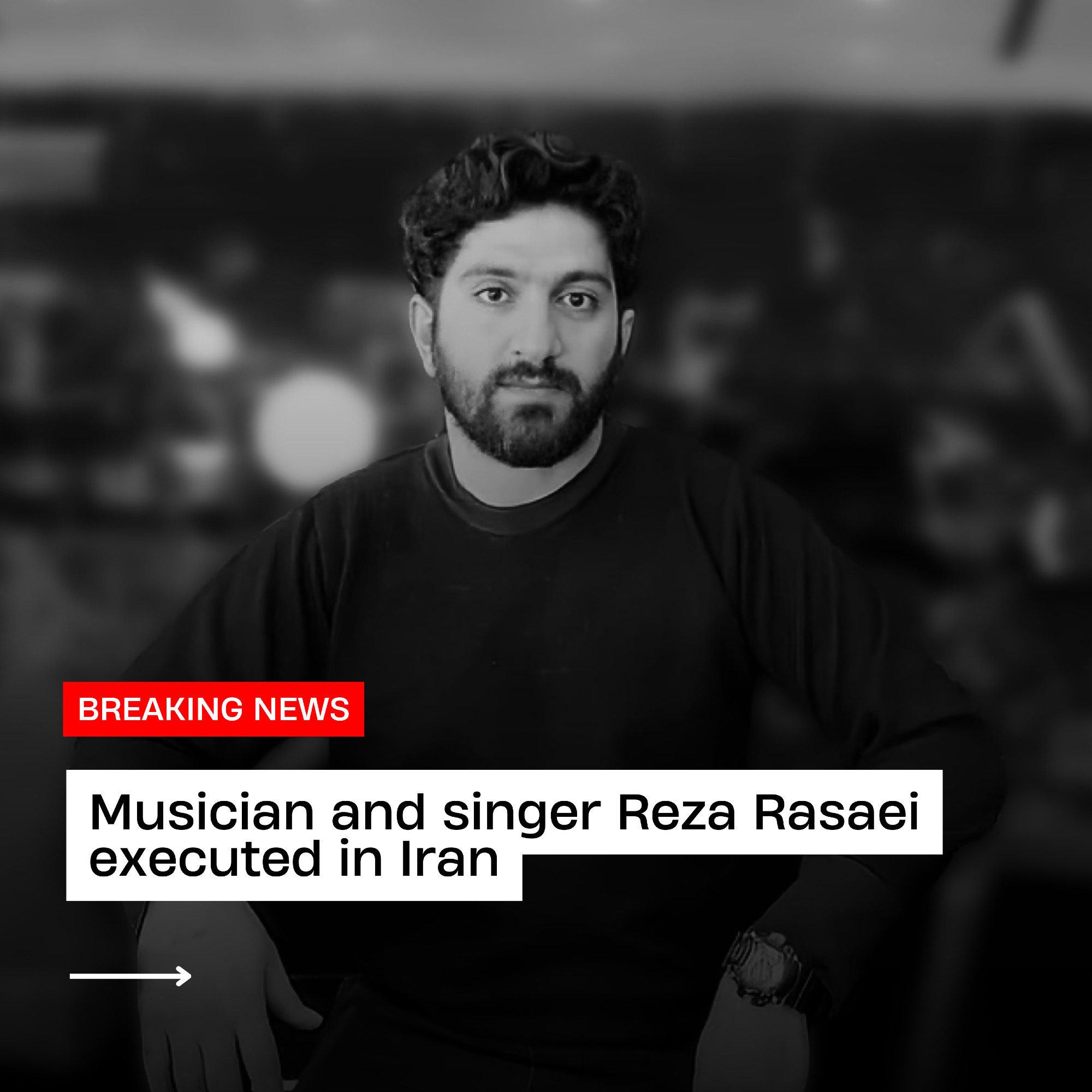 Black and white image of Reza Rasaei. Captioned:
Musician and singer Reza Rasaei executed in Iran