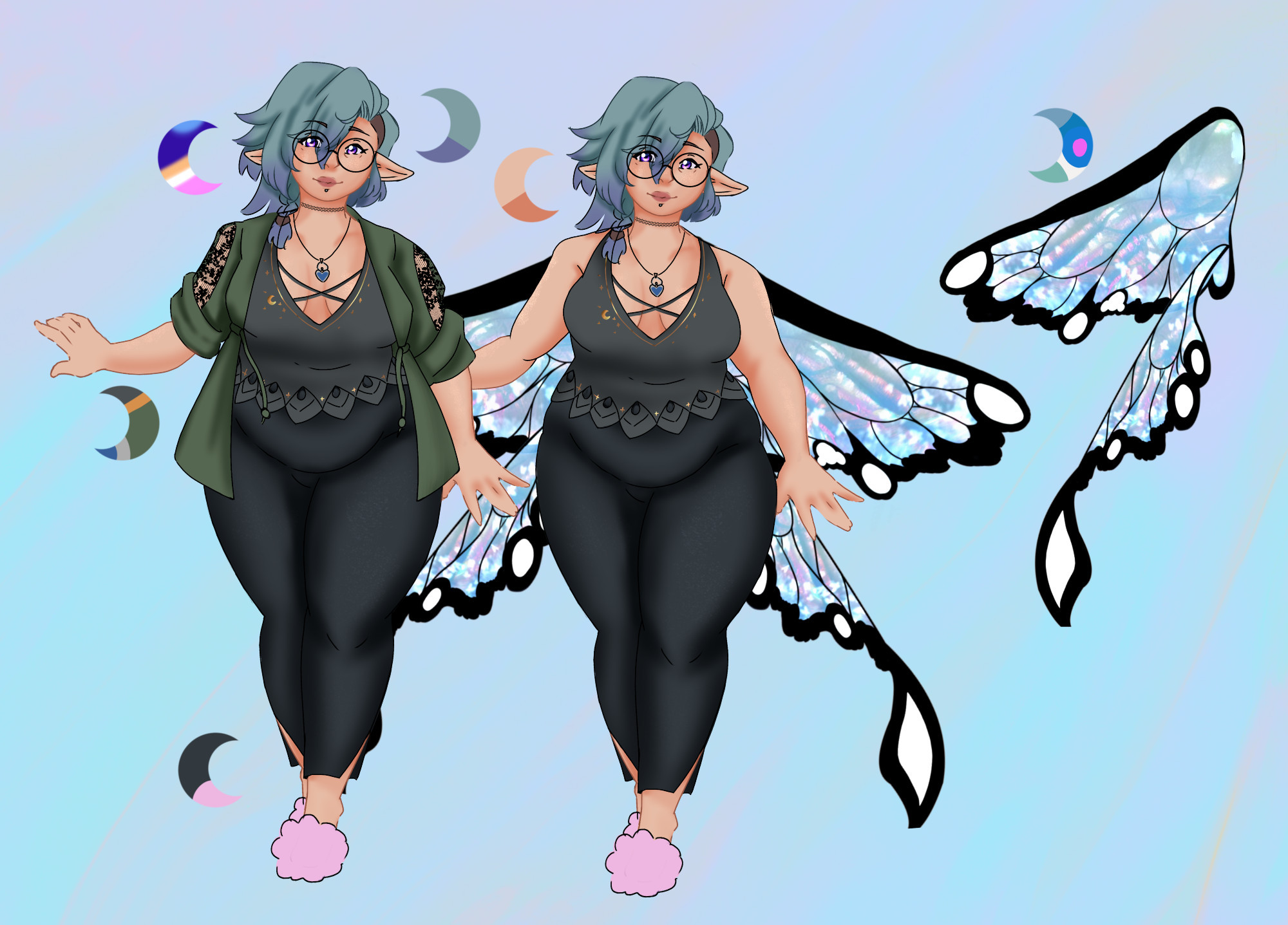 a reference sheet of Krys, a plus sized Fairy vtuber with blue and purple hair, purple eyes, and casual, comfy clothing