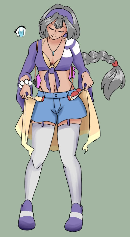 The same charavter as previous, but she is also wearing a purple tie-front top with loose sleeves that matches the color of her shoes with a pokebal motif on her left shojlder, and a bag on her bag that is pink and orange, using the same colors as shiny swampert, which is not pictured, but is her partner pokemon. 