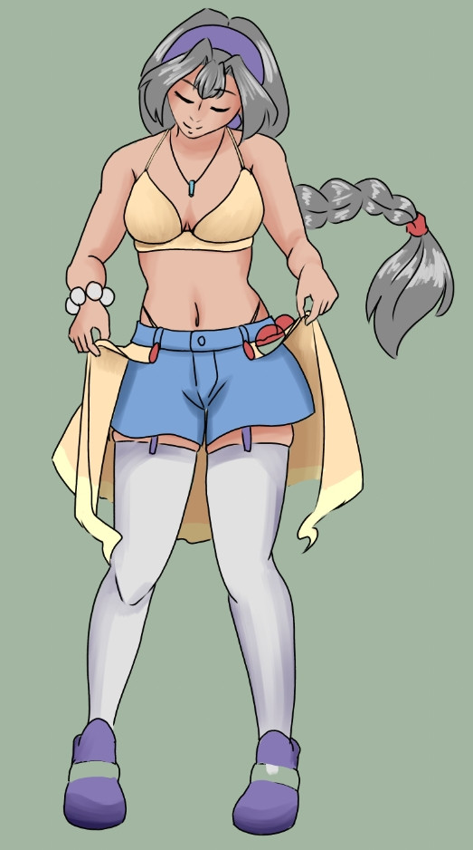 A pokemon trainer OC with a pale yellow bikini top, blue shorts with a matching yellow skirt clipped onto the shorts with red gemstones to vaguely evoke the design 9f a shiny mismagius, white thigh highs held up with garters, and pastel purple shoes. She has silver hair braided back in a butt-length braid with a red tie to match the gems, and a purple bandana in her hair as an accessory. She wears her pokeballs on her hip and a string of large, white beads on her wrist and a light blue crystal on a pendant around her neck. 